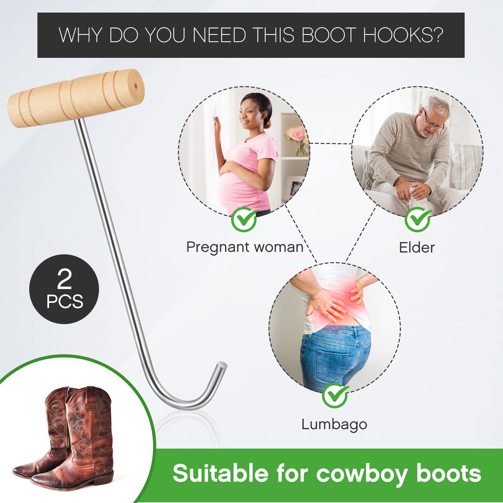 2 Pack Boot Hooks Wood Handle Cowboy Boot Puller for Easy On Off Shoes