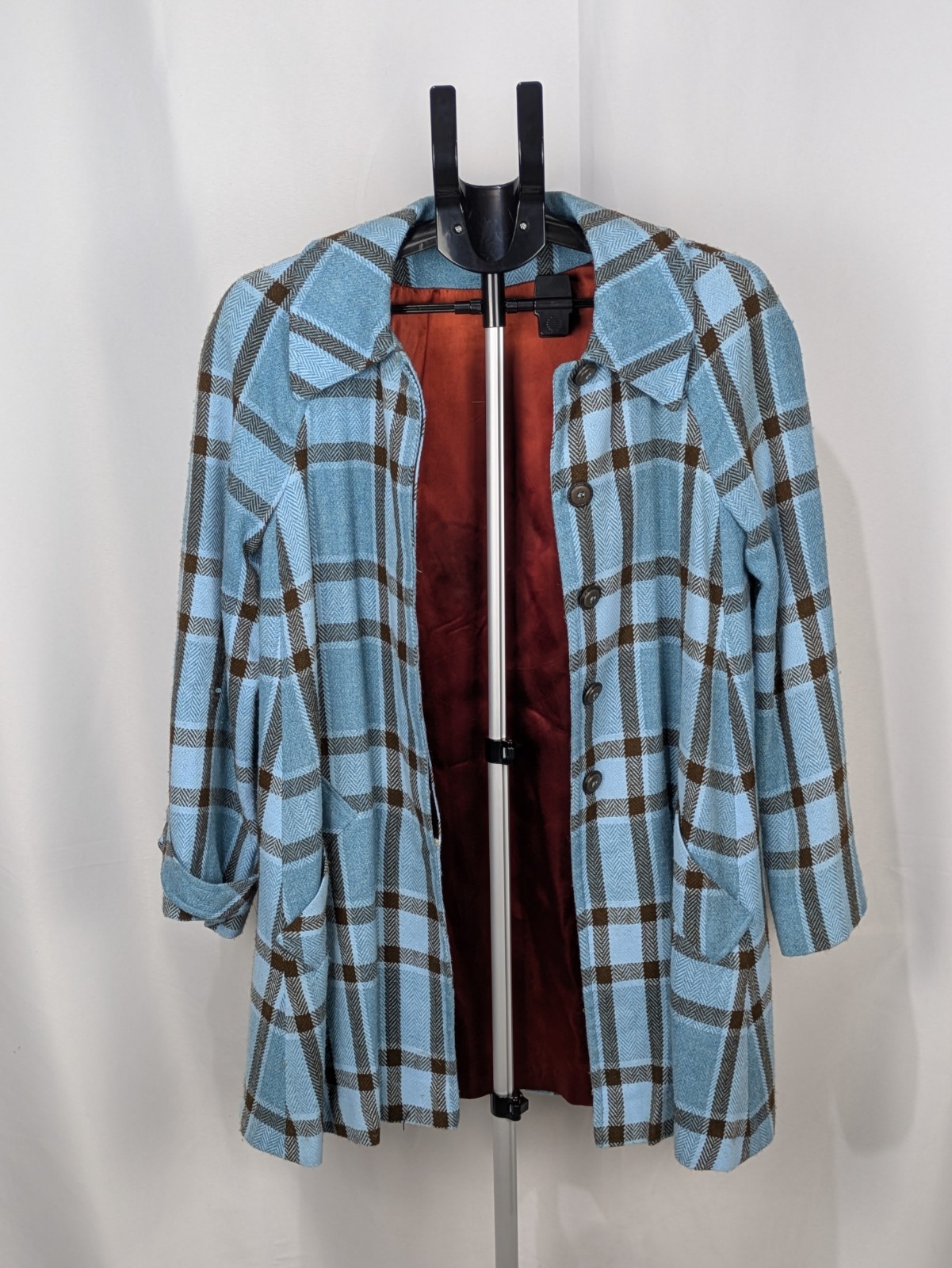 Vintage Four Corners Blue Brown Plaid Button Coat Womens Size Small
