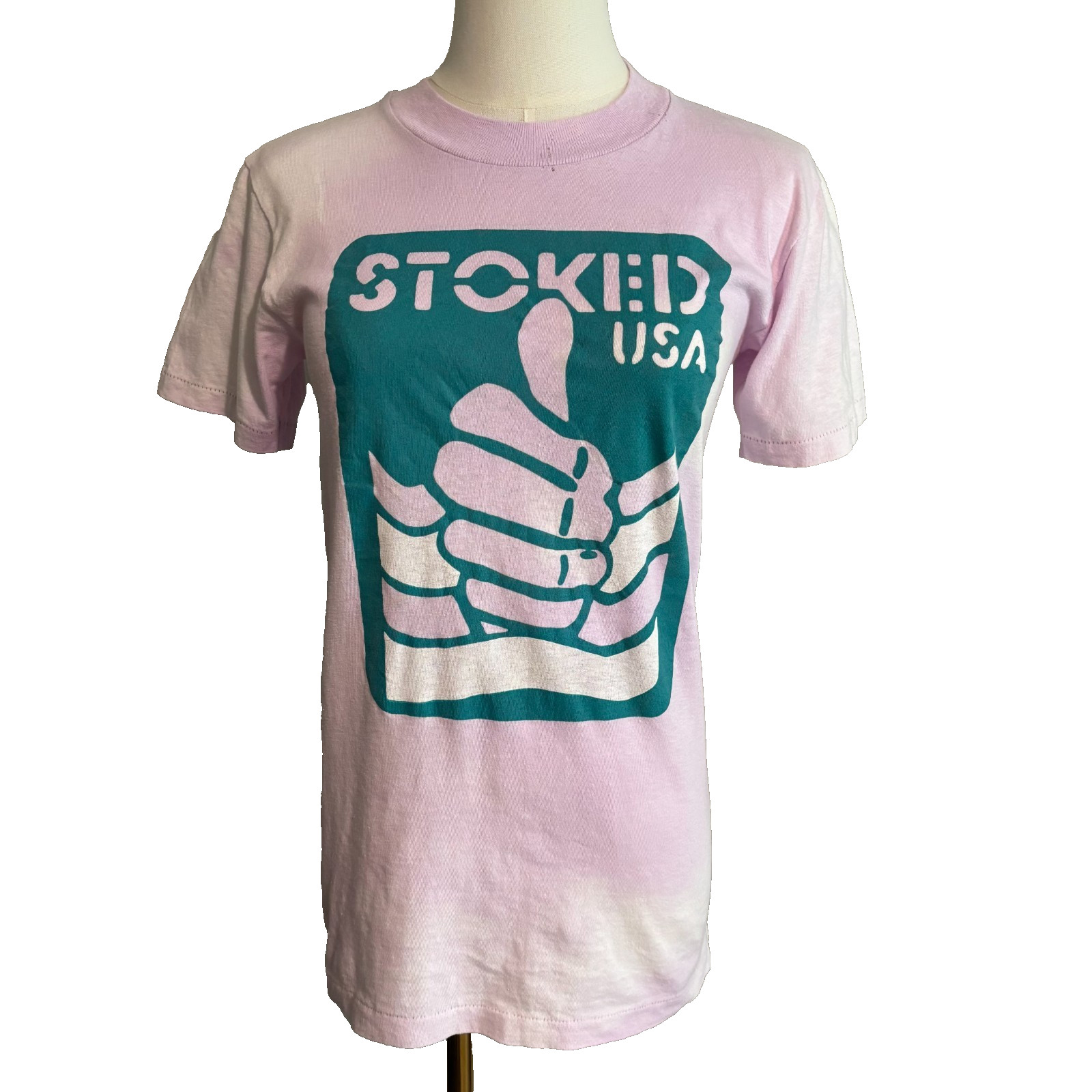 HI CRU 70s Vintage Graphic T Shirt Distressed Bleached Stoked Thumbs Up USA Sz S