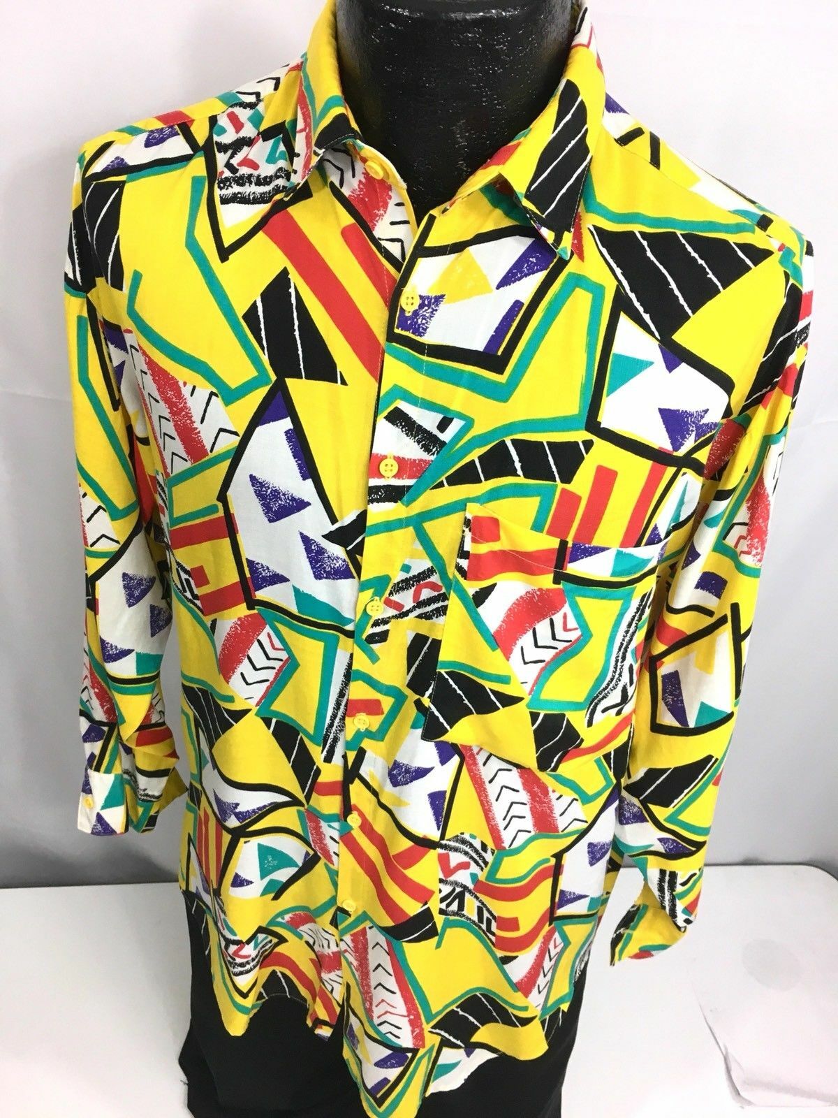 Vtg 90’s Rafferty FRESH Yellow FUNKY Abstract GEOMETRIC HIP HOP Rayon Shirt M
