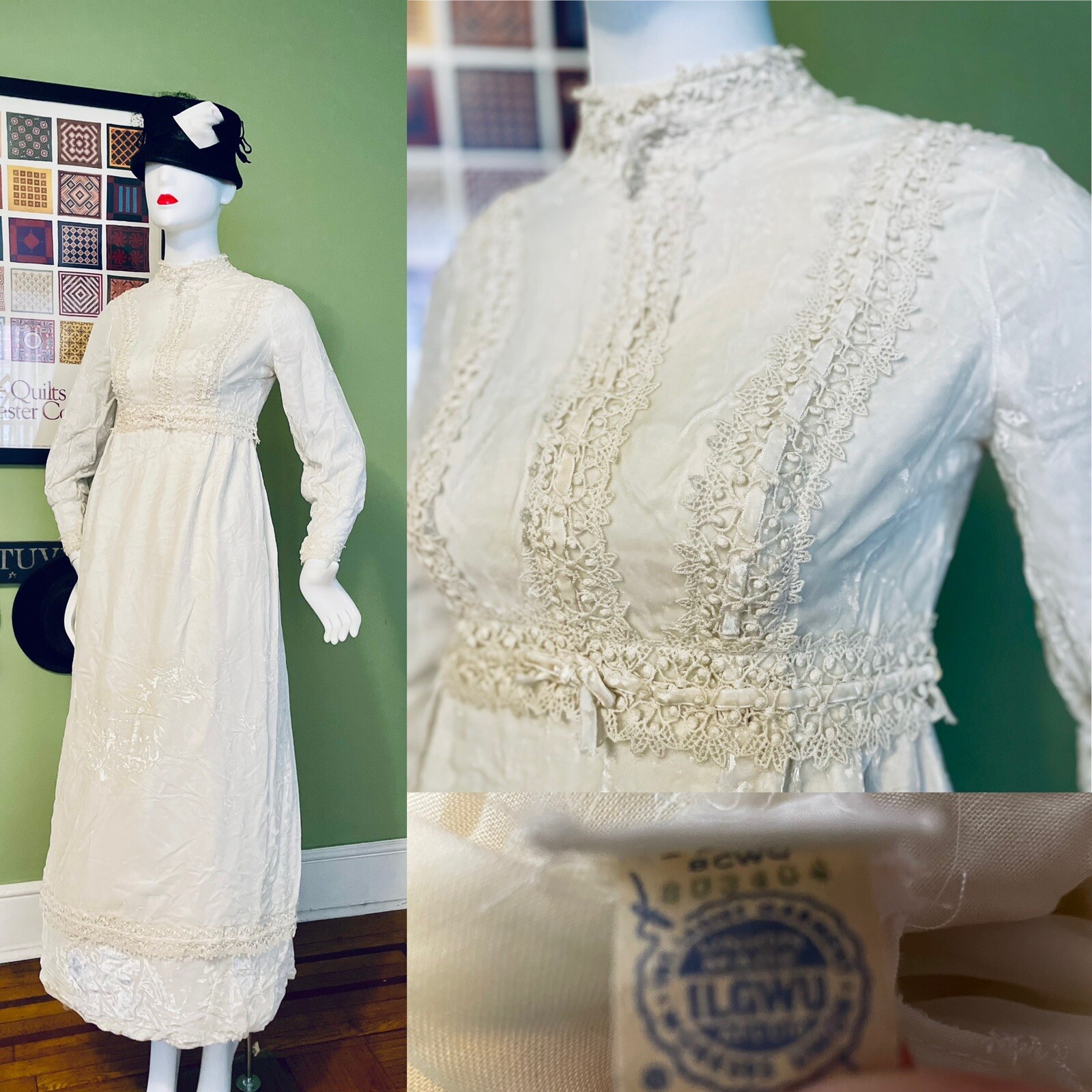 Vtg 60s Ecru BRIDGERTON Whimsy Wedding Prom Party Dress Lux Crochet 36 S/M USA