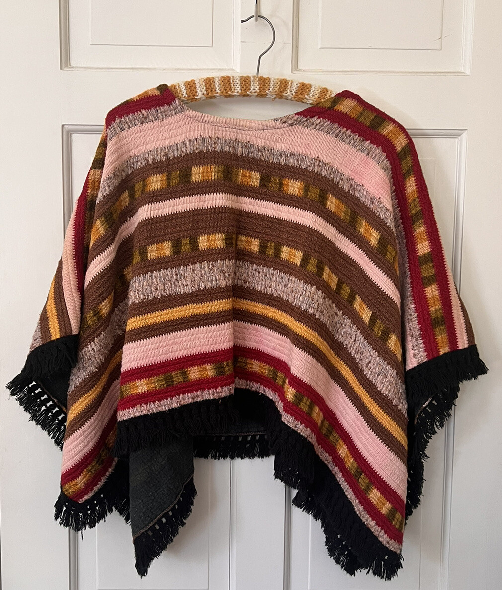 Vtg 60s 70s Unique Boho Multi Fabric Textile Fiber Art Knit Poncho Sweater S M L