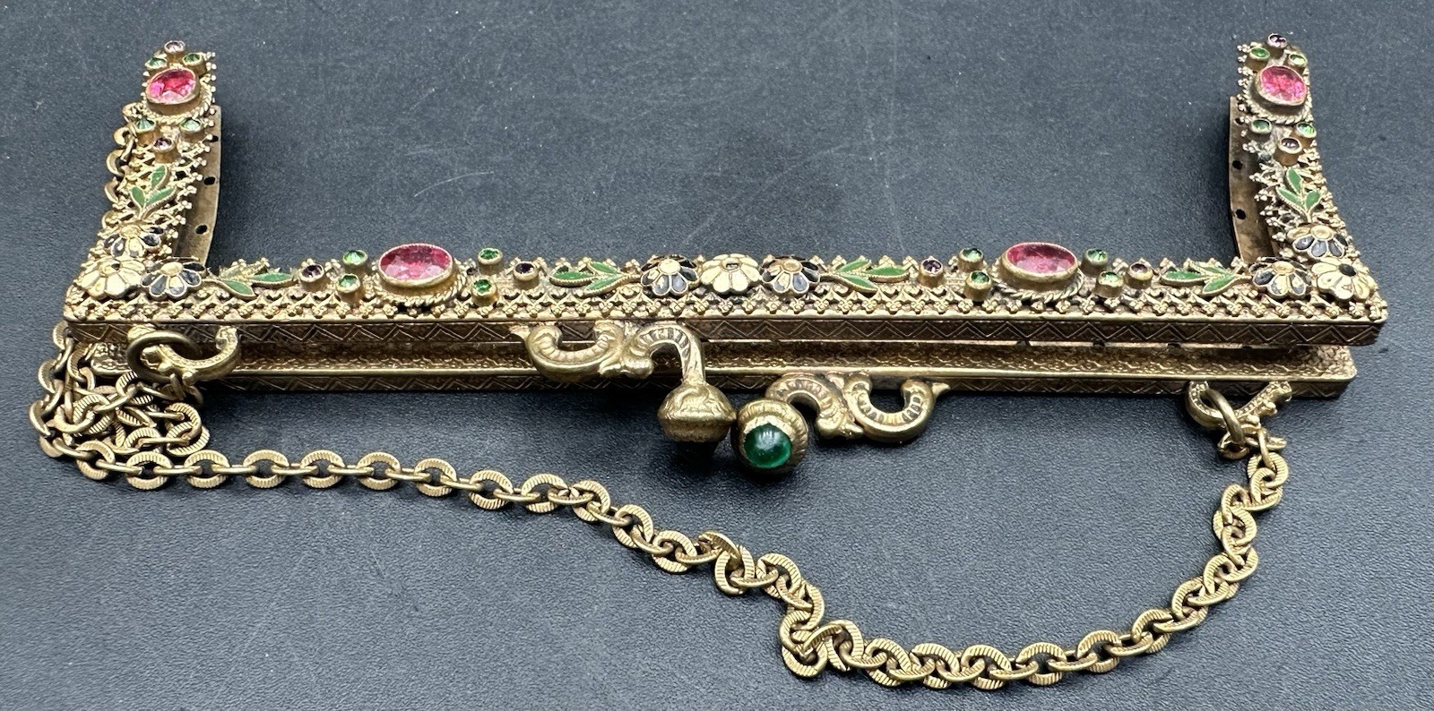 Antique Neiger Brothers Czech Brass Rhinestone Enamel Purse Frame Edwardian