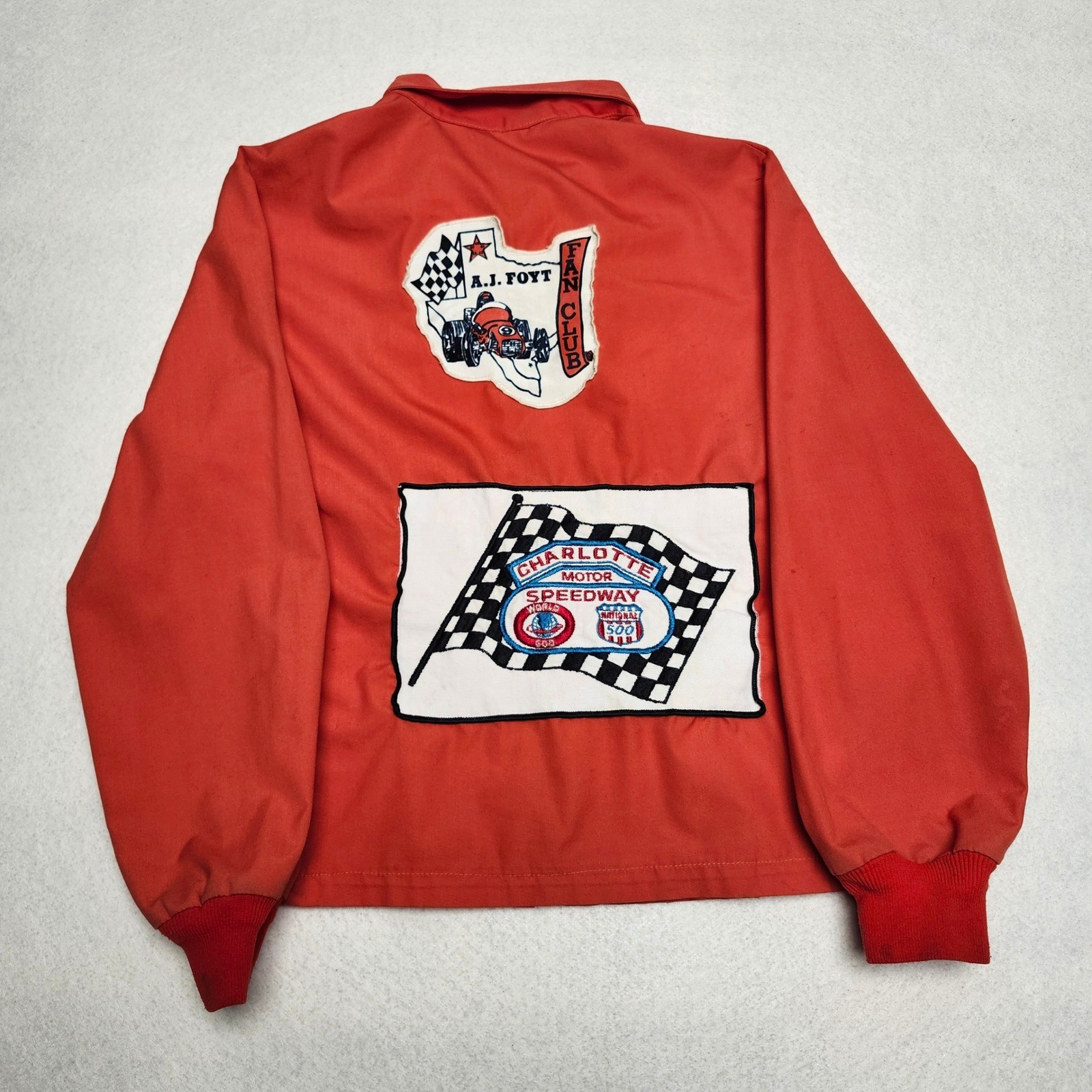 70s AJ Foyt Charlotte Motor Speedway BIG PATCH Racing Jacket Kids M Orange