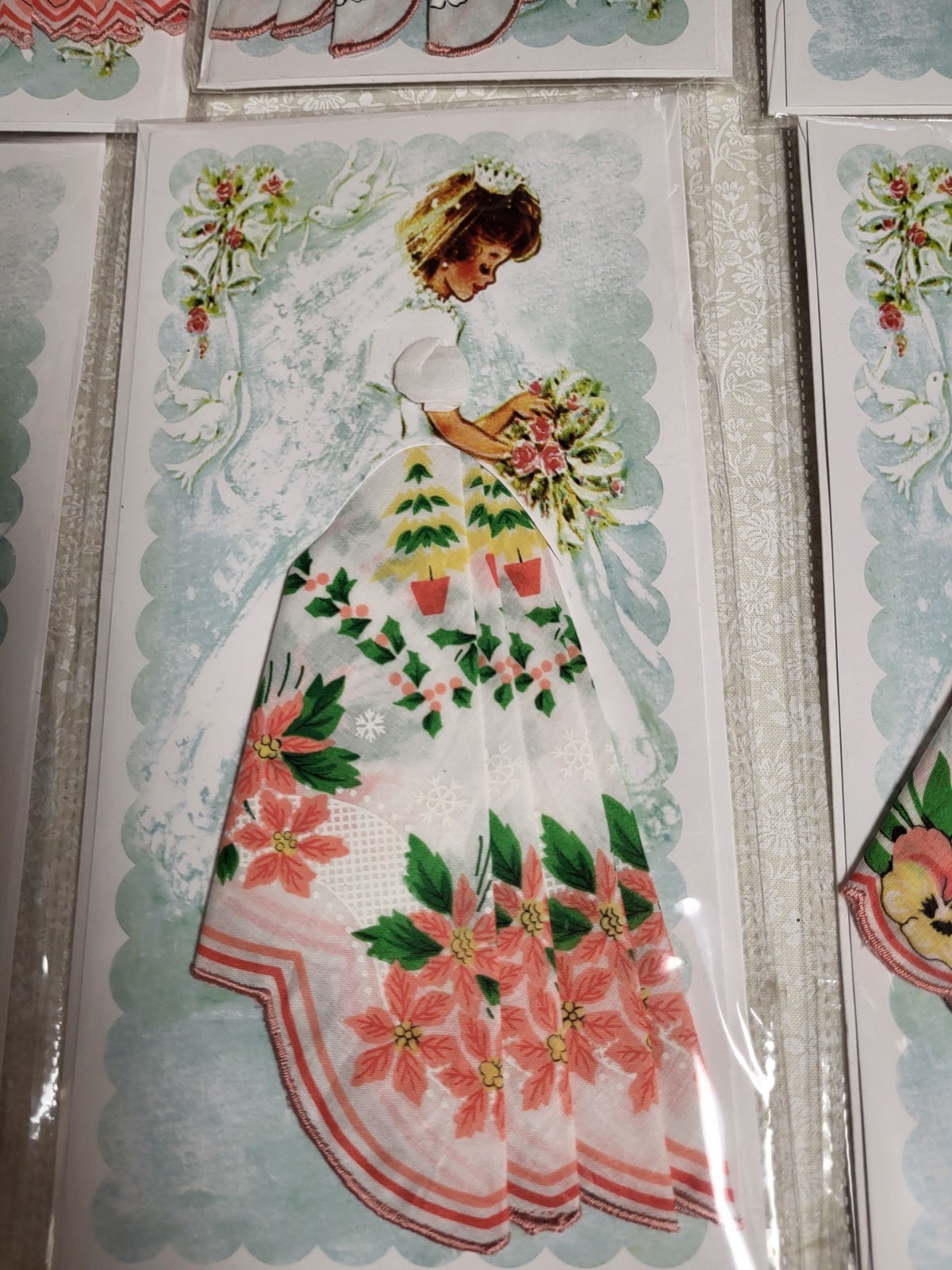 Lot of Retro hanky handkerchief card; bride w/full skirt, wedding card, envelope