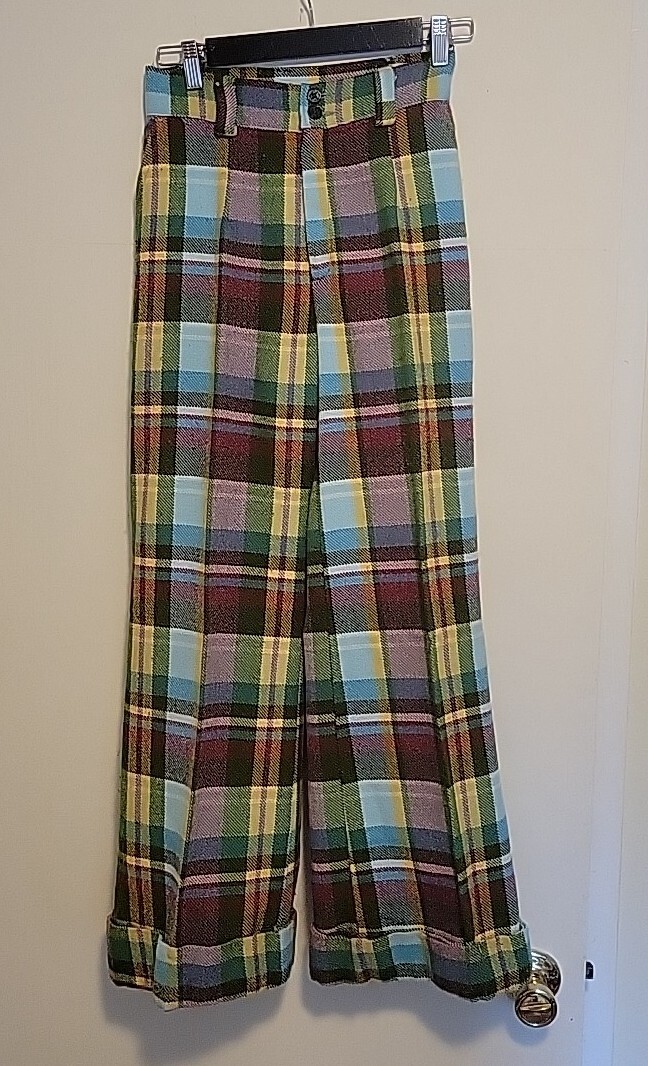 Vintage Levis For Me Plaid Pants 70s Bell Botton Cuffs 24 In Waist