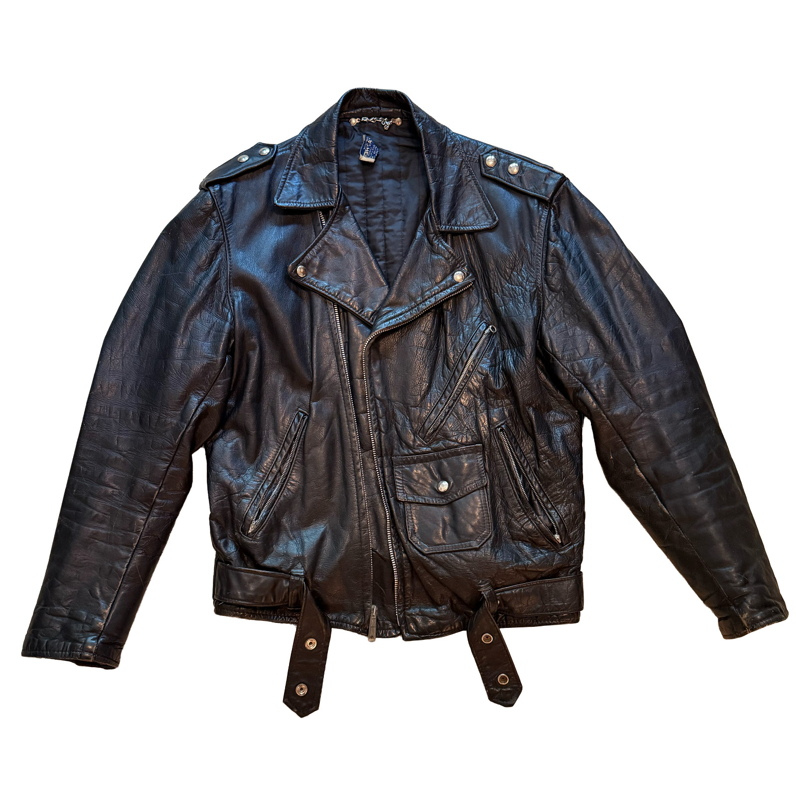 Vintage Black Leather Biker Jacket 1970s silver hardware