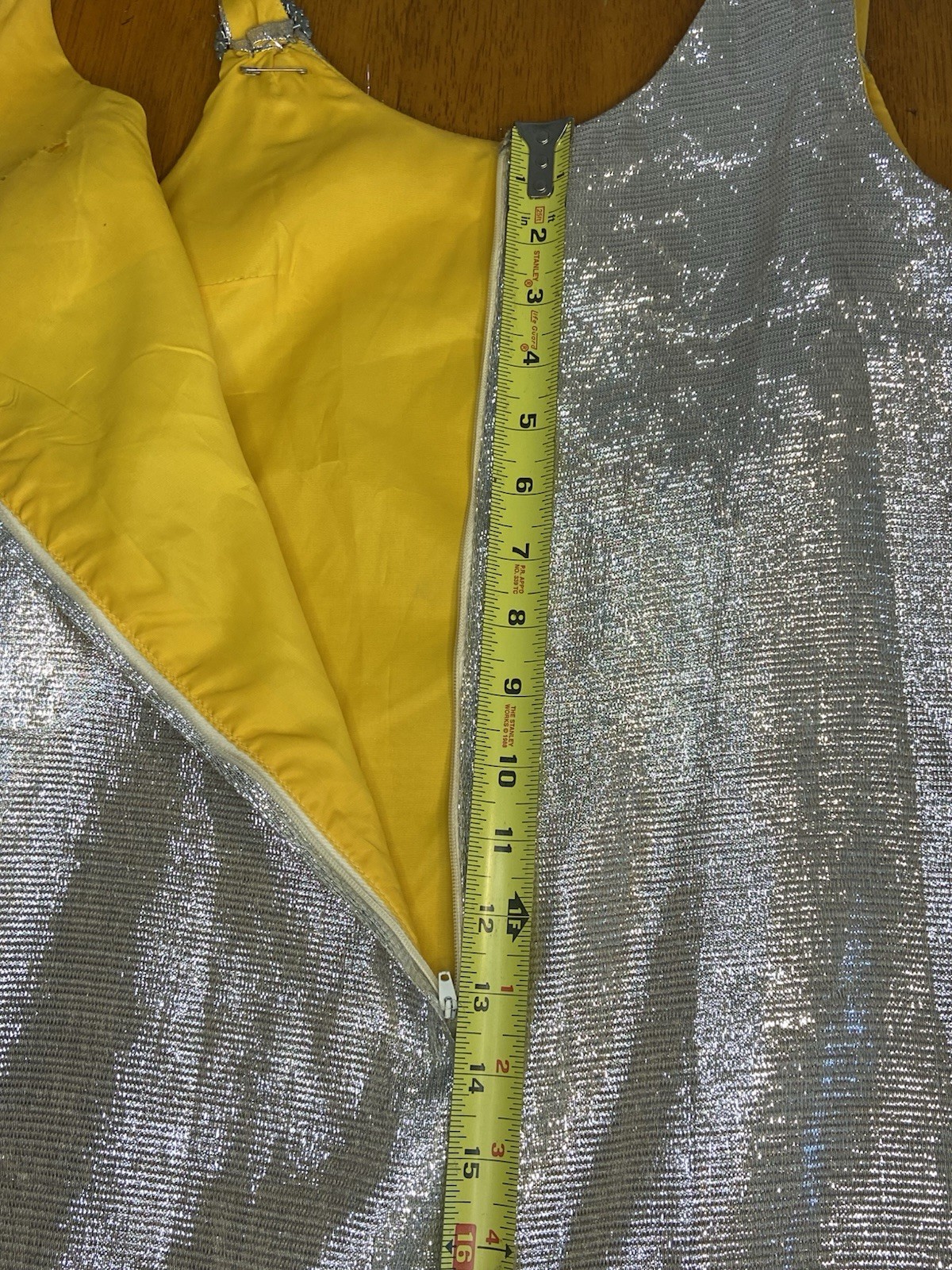 Vintage 60s Space Age Tinsel Foil Mini Dress Marigold Yellow Lining Mod GoGo S
