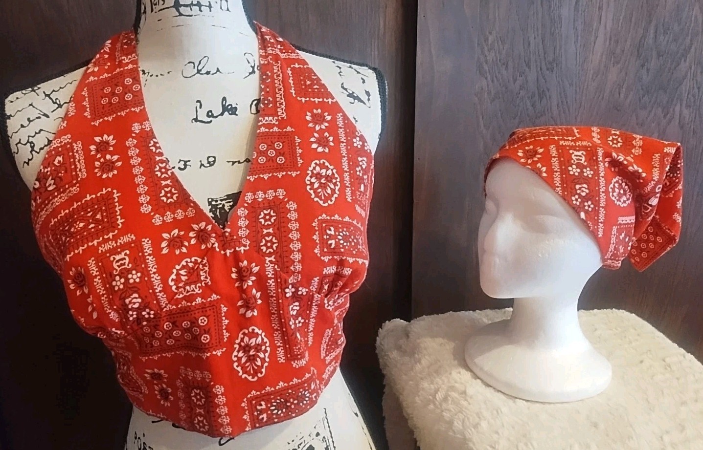 Vintage 1970’s Red Bandana Print Halter Top Matching Scarf Lined Sz M Festival