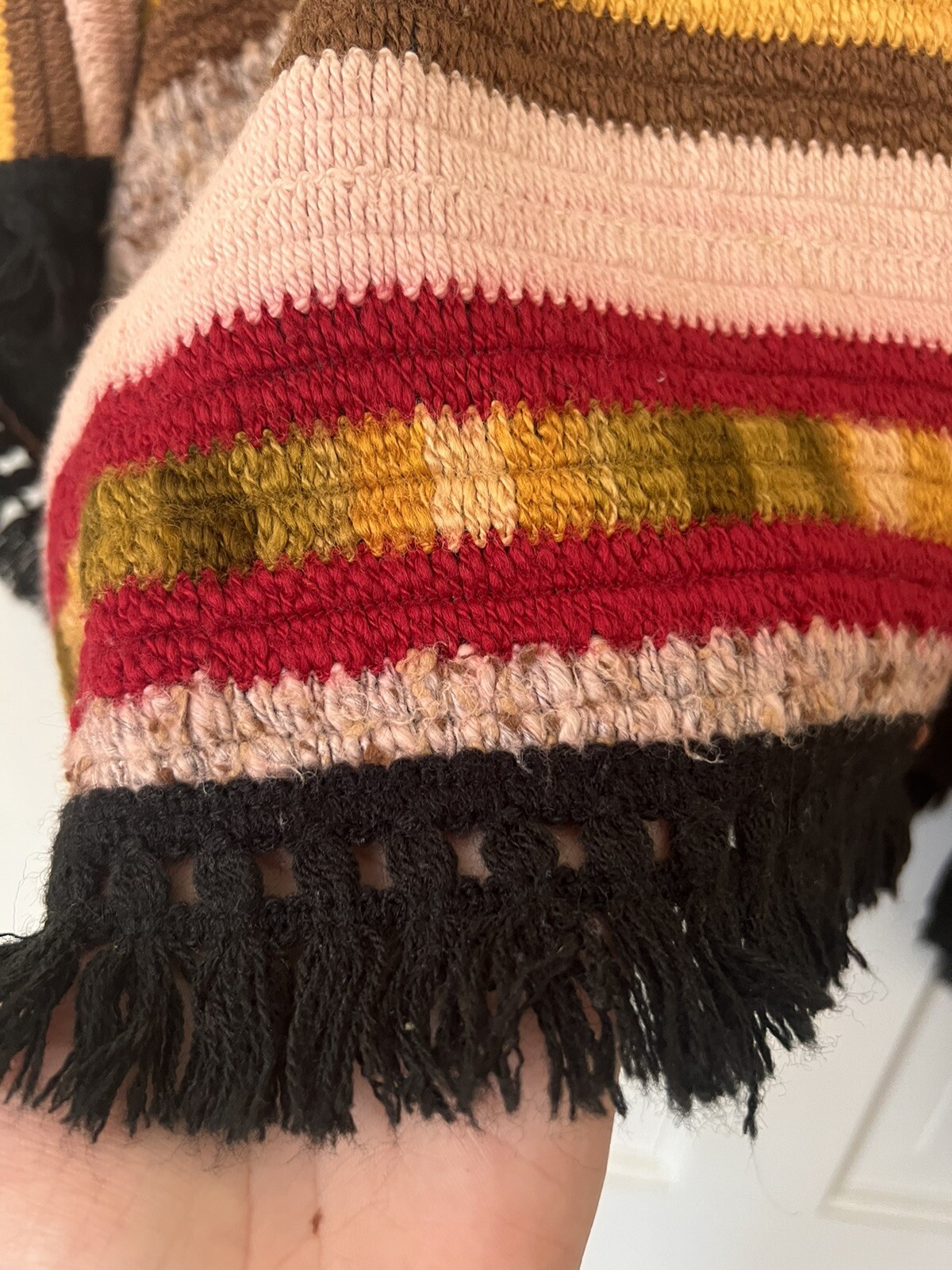 Vtg 60s 70s Unique Boho Multi Fabric Textile Fiber Art Knit Poncho Sweater S M L