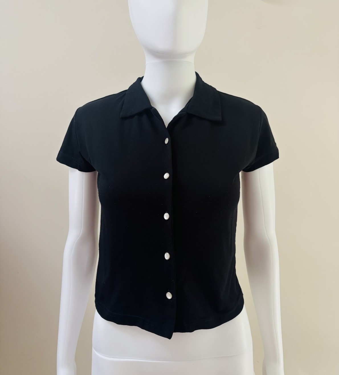 Vintage 1990s Short Sleeve Button Up Top Black Stretchy Fabric Grunge Preppy S