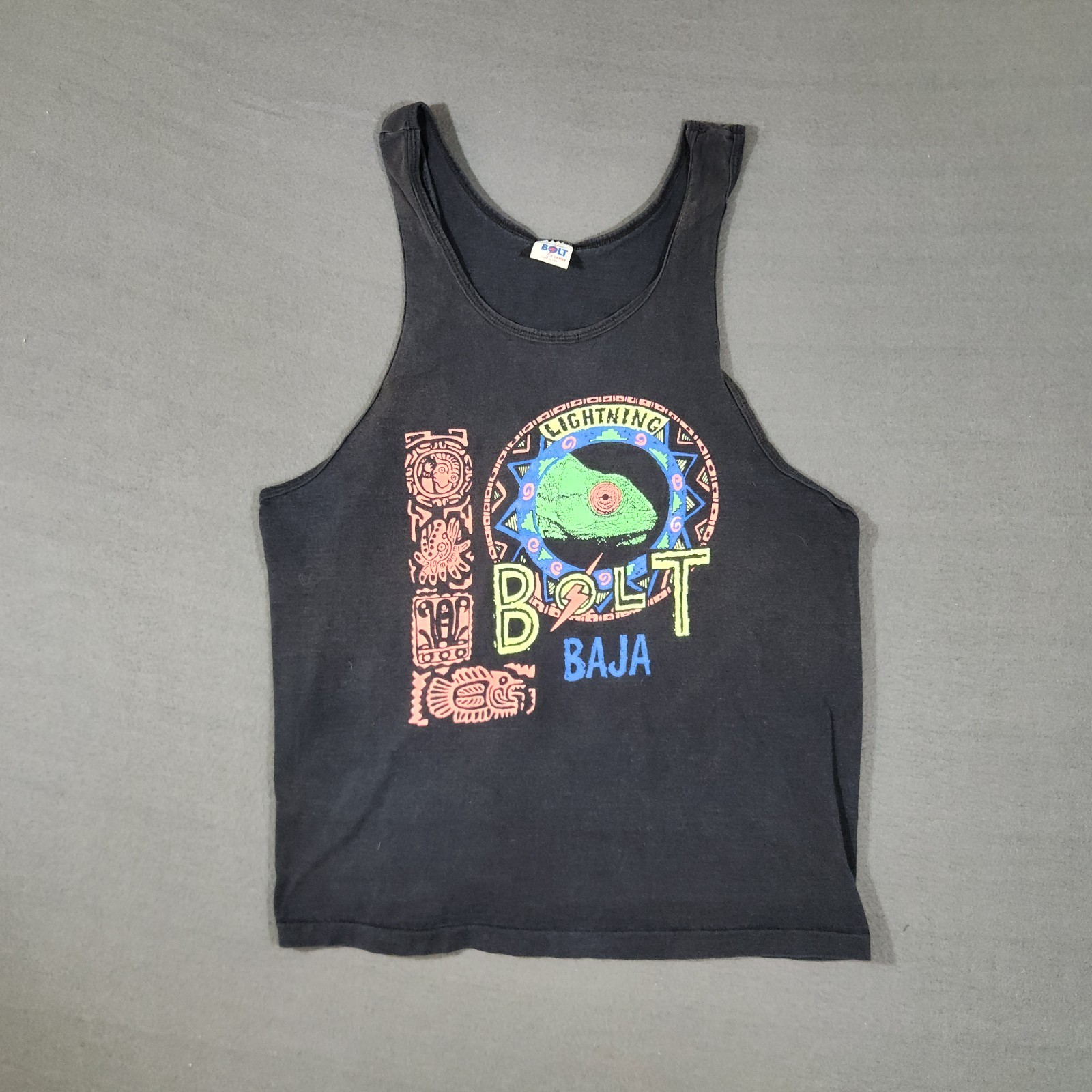 Vintage Lightning Bolt Surfer Neon Lizard Black Tank Top 1990s Y2K Size XL
