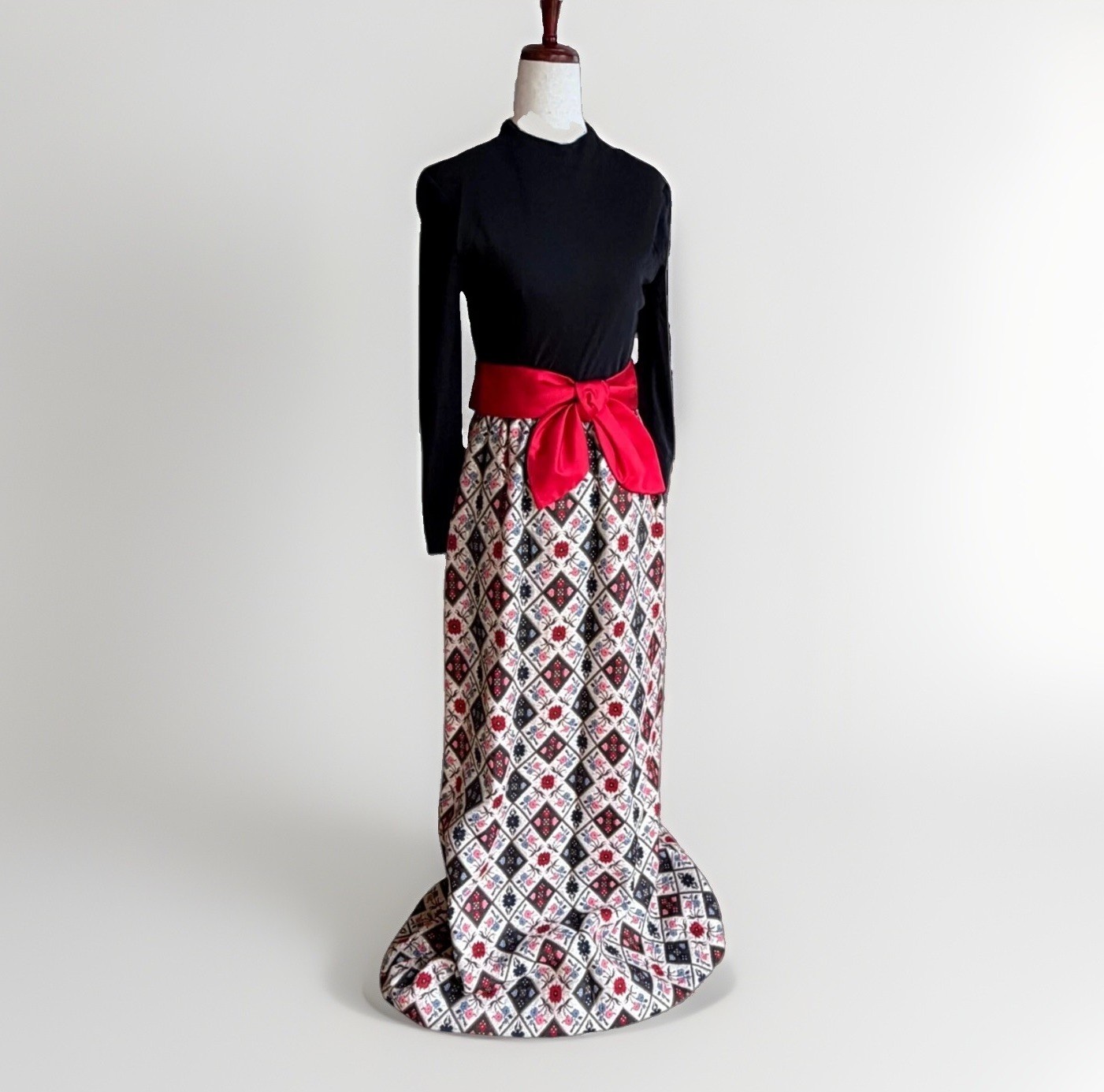 Vintage Retro Maxi Dress Black Bodice Bow Waistband Floral Jaquard Skirt XS