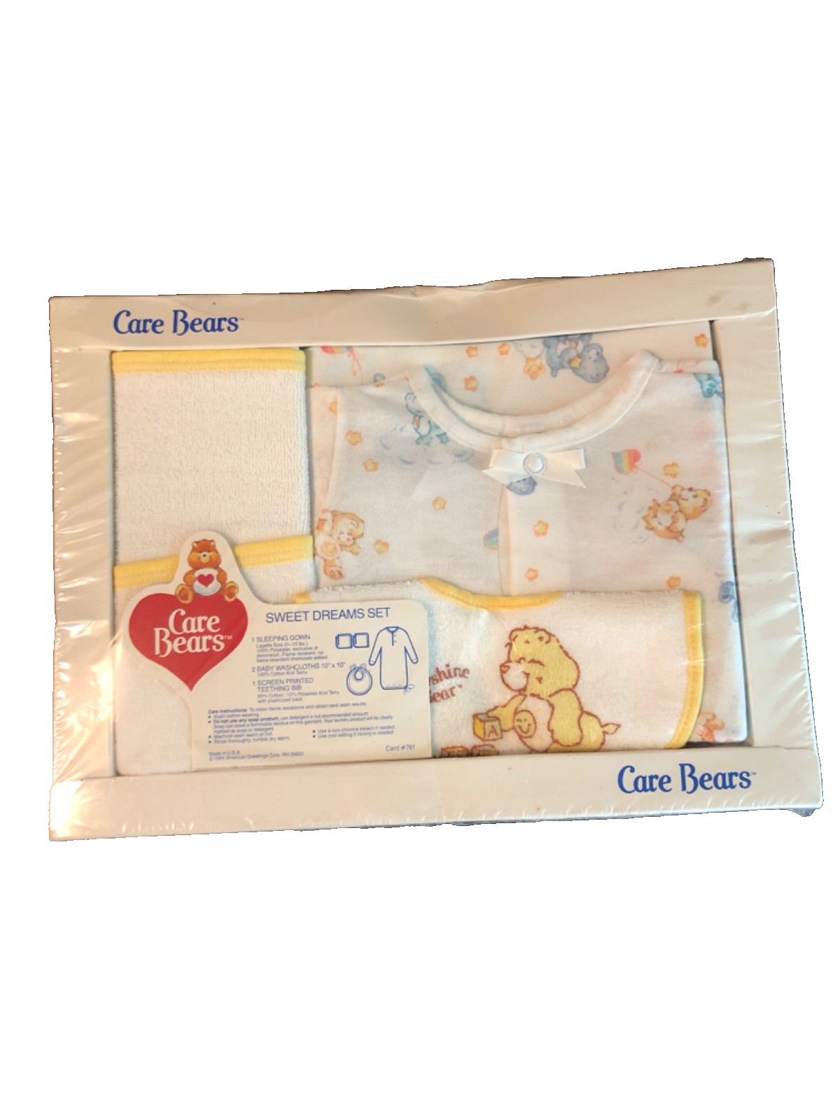 Vintage Care Bears Sweet Dreams Baby Gown Set New 1980s Layette Bib Washcloths