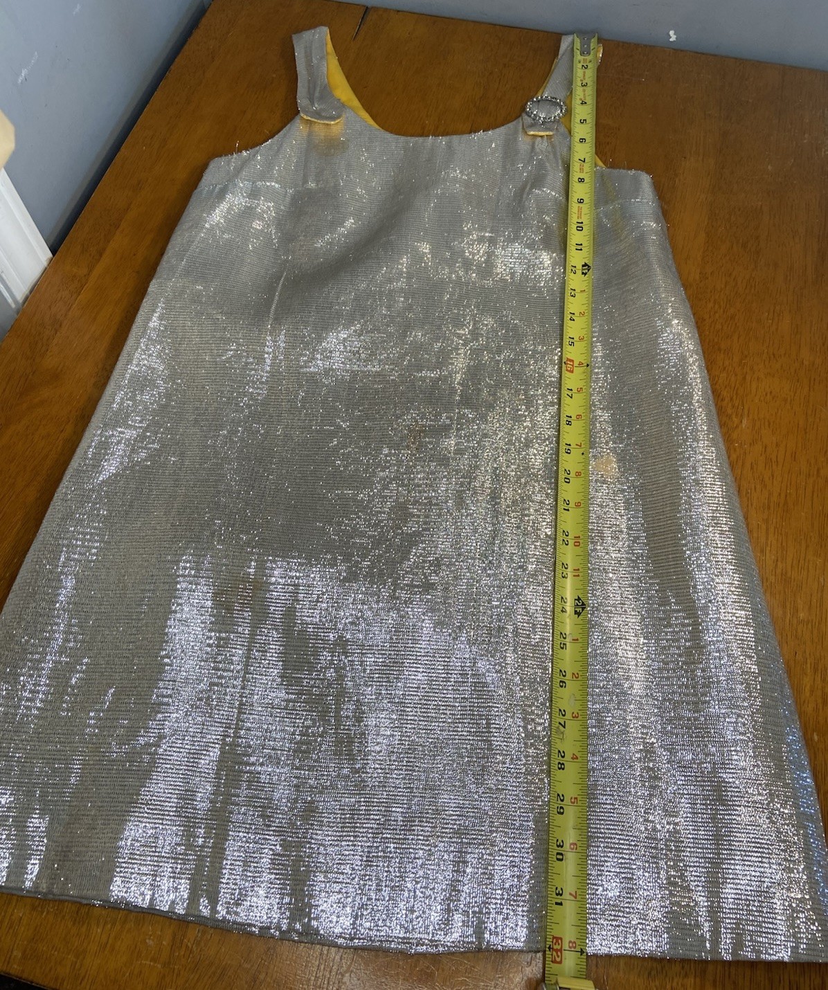 Vintage 60s Space Age Tinsel Foil Mini Dress Marigold Yellow Lining Mod GoGo S