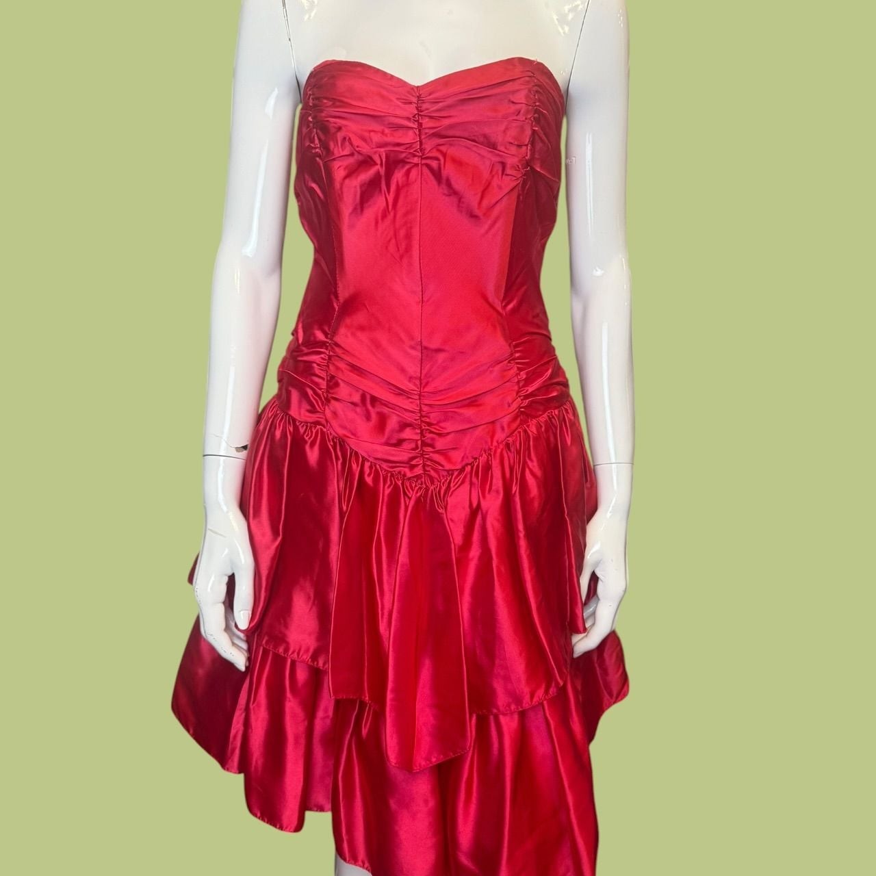 Vintage 1980s Roberta Red Satin Strapless Ruffled Party Dress
