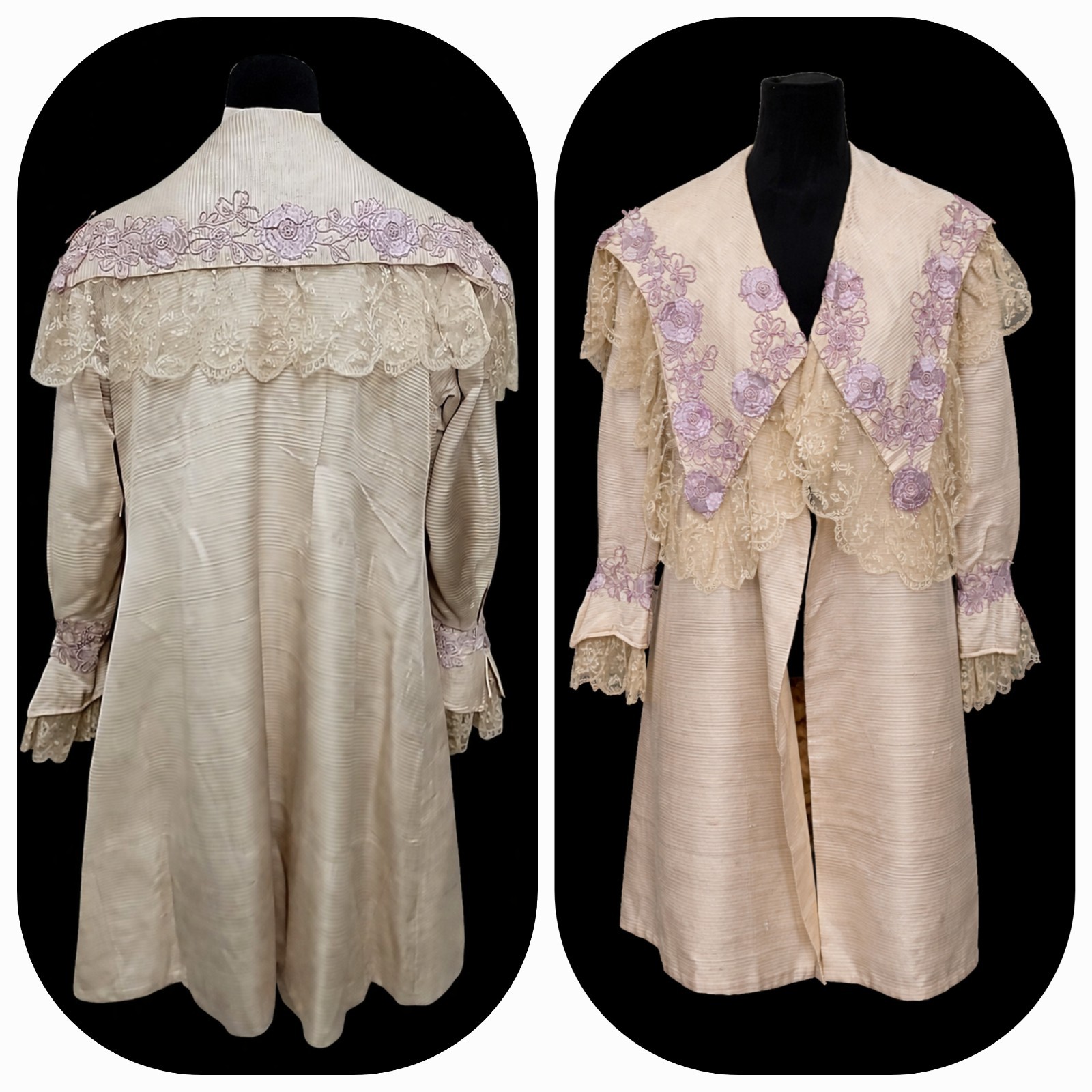 Antique 30s 40s Boudoir Hostess Coat Romantic Lace Applique Silk Faille