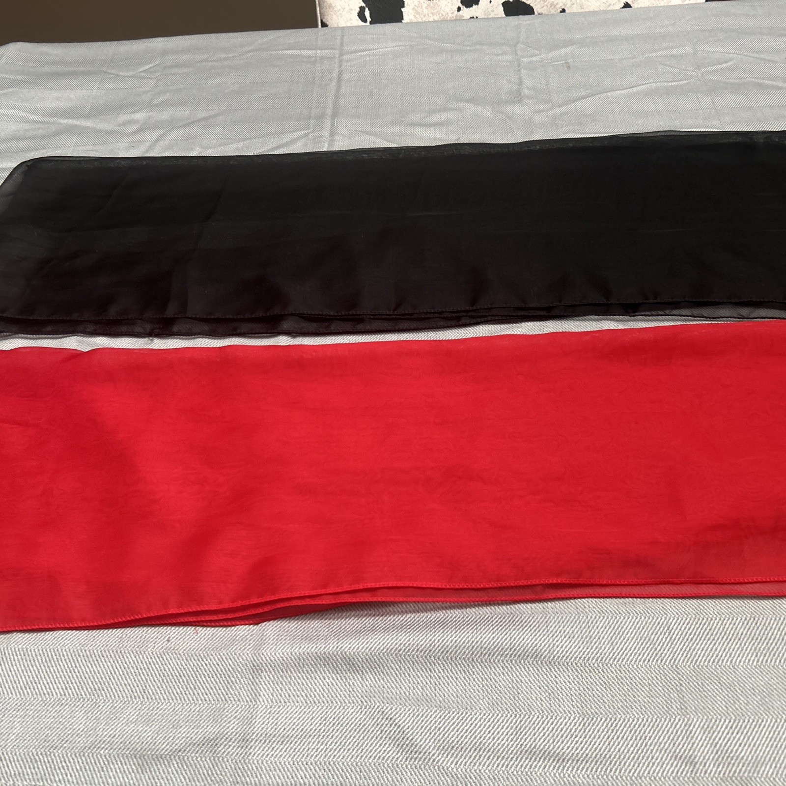 Vintage Chiffon Scarves, (2) Korean , Polyester, Black 32”x 20”, Red 32”x 18”