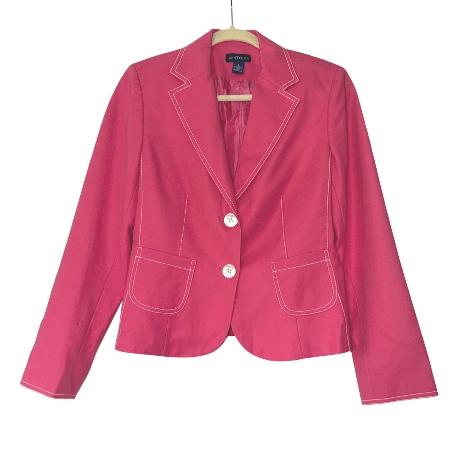 Ann Taylor Pink Cotton Contrast Stitch Blazer Jacket Size 8 Notched Lapel