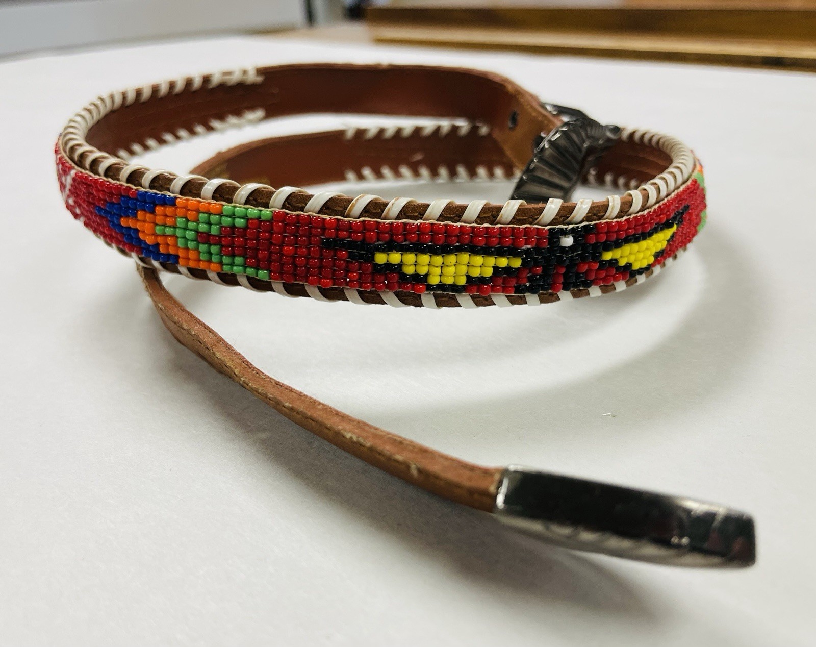 Vintage Native American South Western Leather Seed Bead Belt 38 Inches