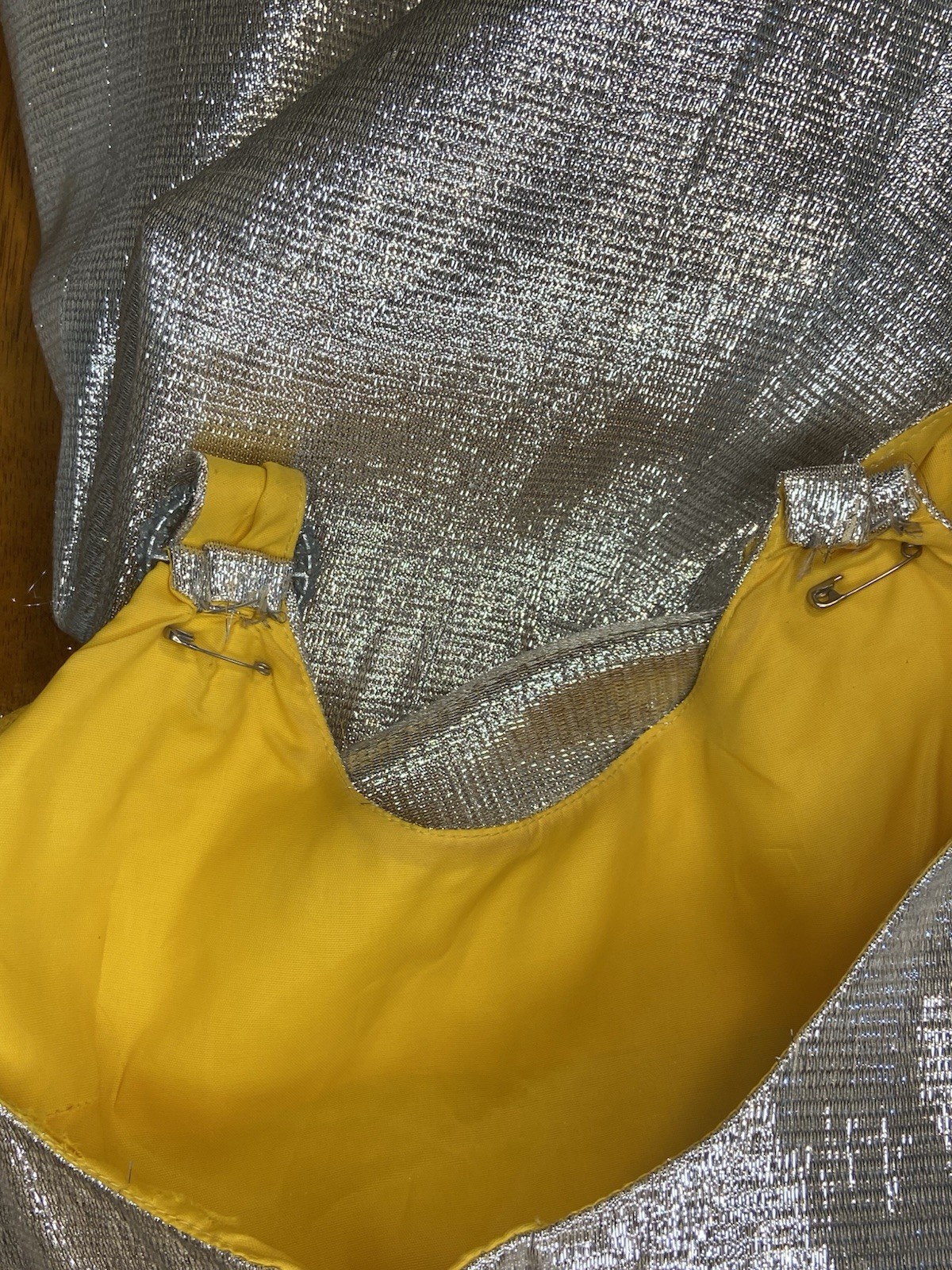 Vintage 60s Space Age Tinsel Foil Mini Dress Marigold Yellow Lining Mod GoGo S