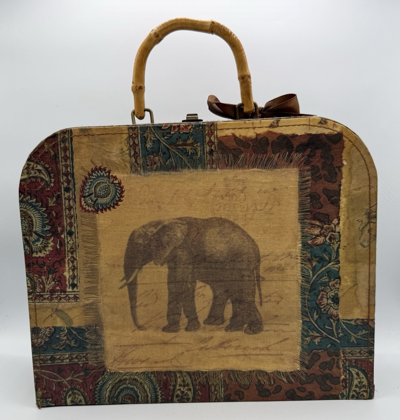 Vintage Elephant African Style Luggage/Purse Bamboo Handle 11”x9”
