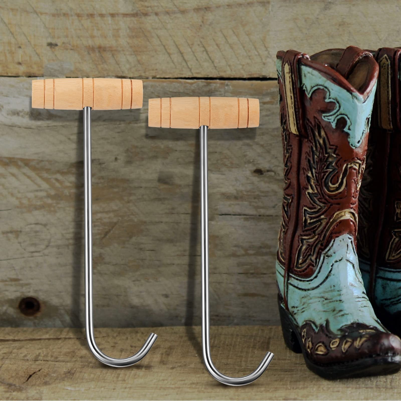 2 Pack Boot Hooks Wood Handle Cowboy Boot Puller for Easy On Off Shoes