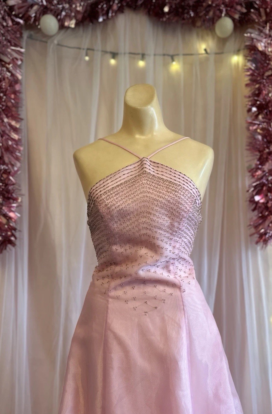 Vintage 90s Y2K 2000s Pink Beaded Prom Formal Dress Fairy Princess XS/S