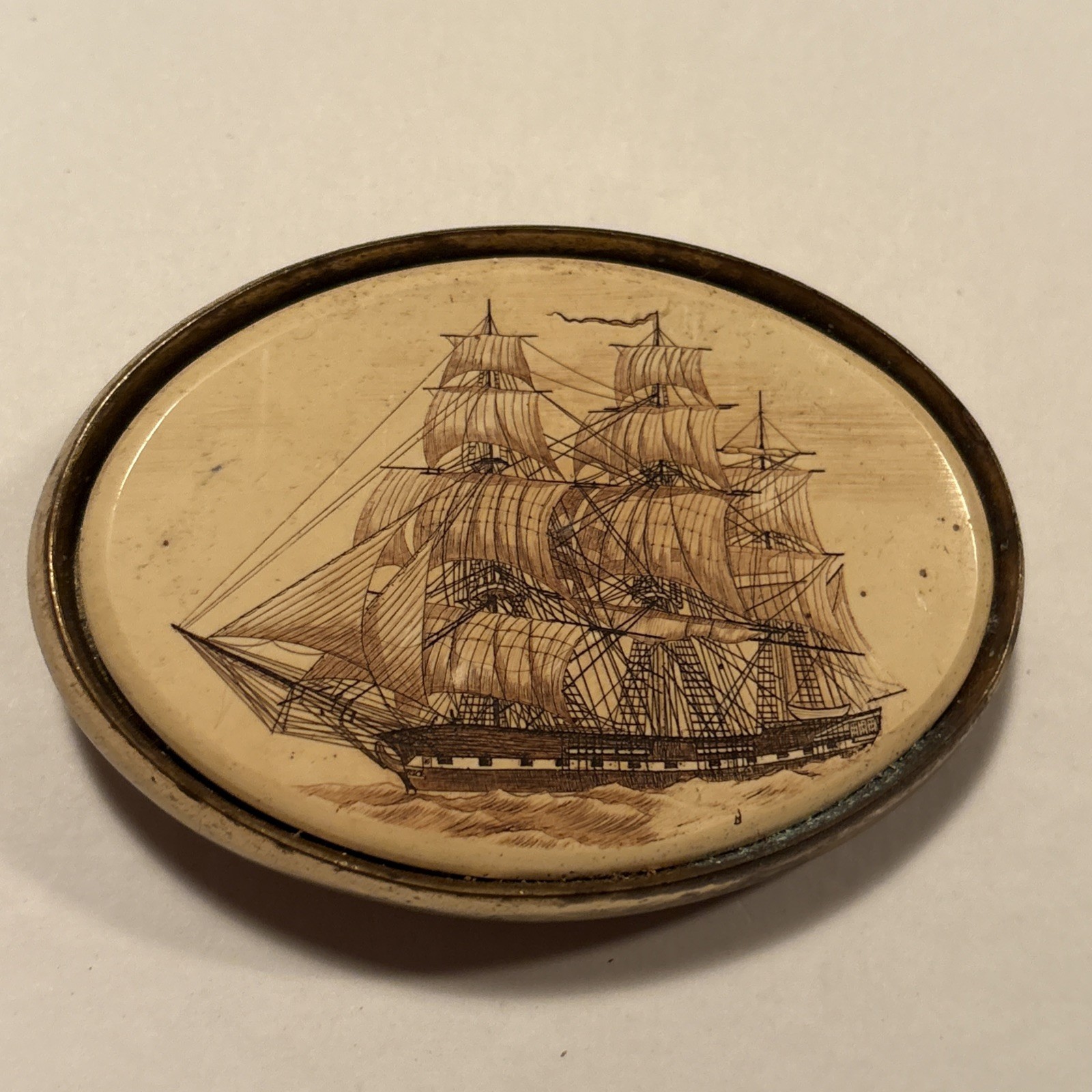 Scrimshaw Schooner Belt Buckle Sailboat Ship Solid Brass Barlow Made In USA VTG