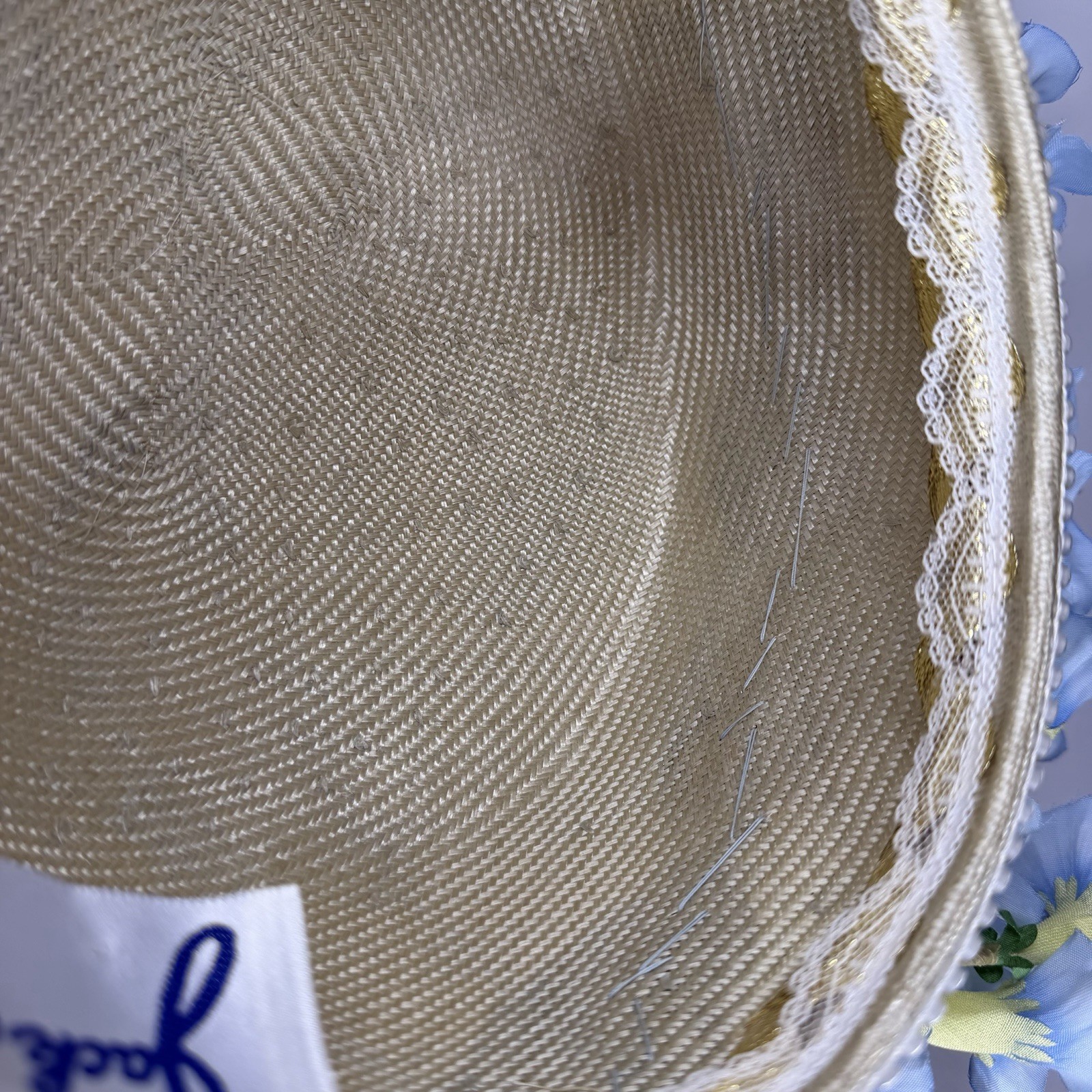 Jack McConnell Red Feather Hat Vintage Blue Flowers Rhinestones Church Derby EUC