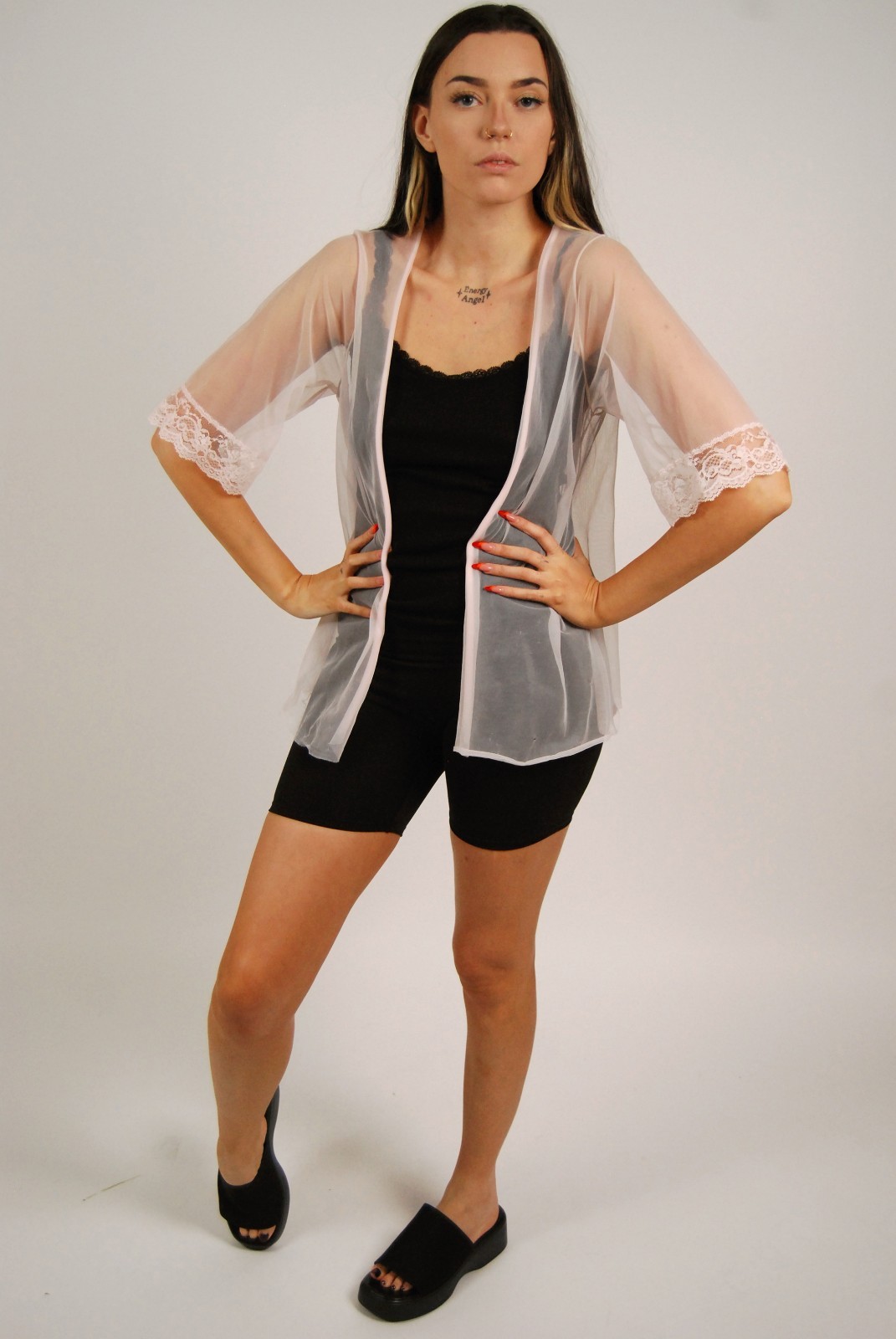 70s Sheer Cardigan (S) small pink vintage see through open front house robe cute