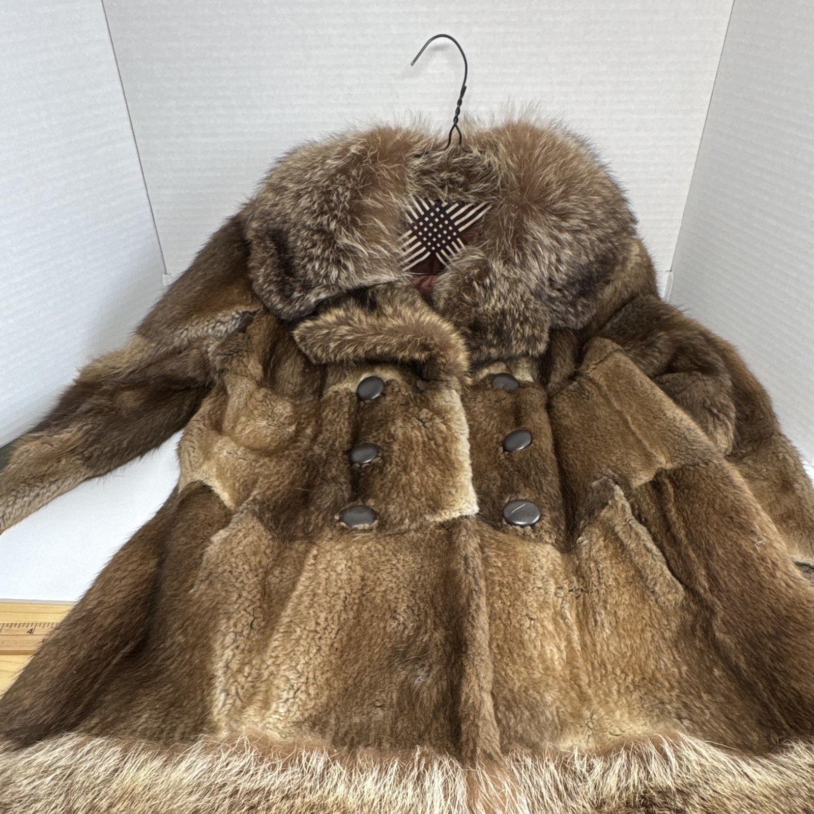Vintage Genuine Patchwork Mink Fur Coat Fox Fur Shawl Collar Double Breasted