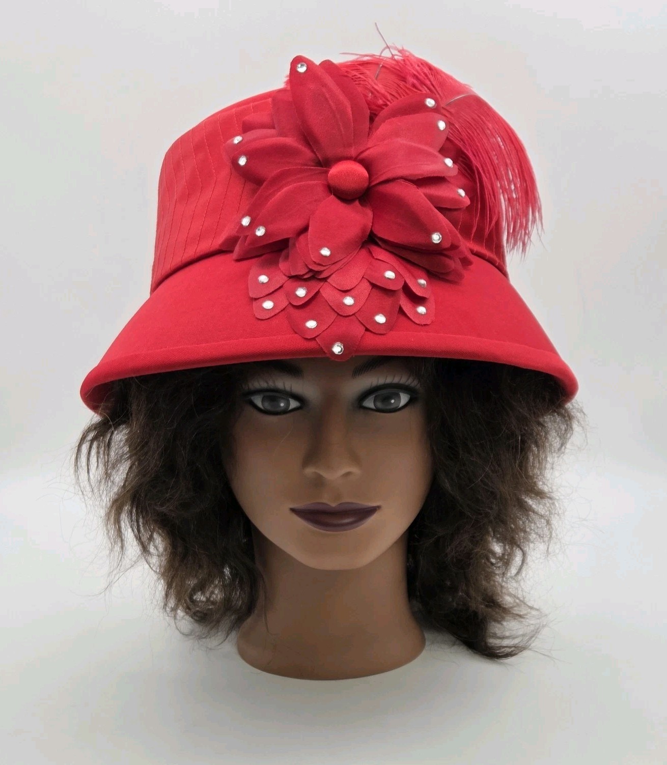 ML Studio Church Hat Red Cloche Derby Style Feathered Flower VTG 80s
