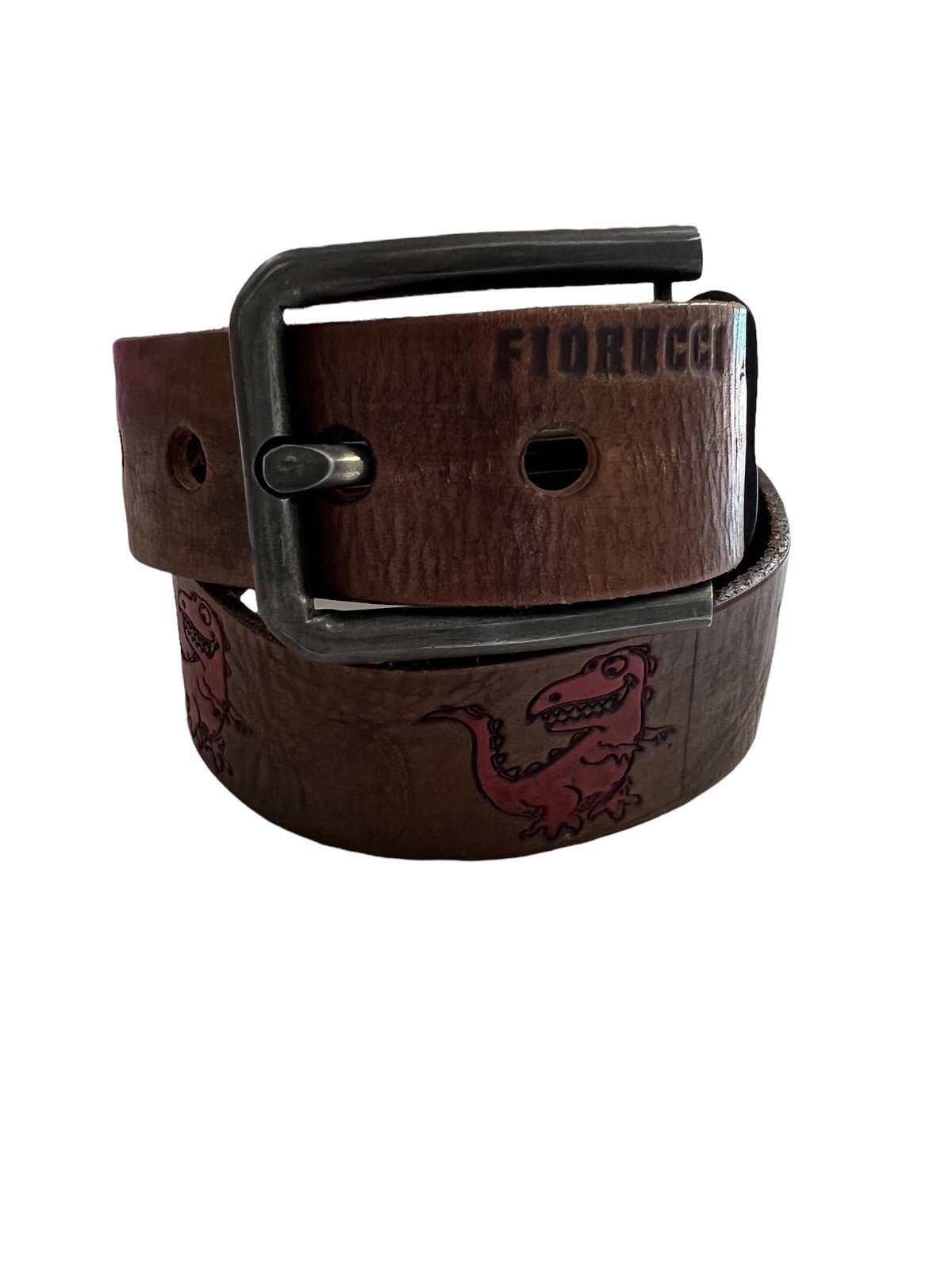 Fiorucci Vintage Kids Brown Leather Red T-Rex Engraved Logo Belt Size M 24-30