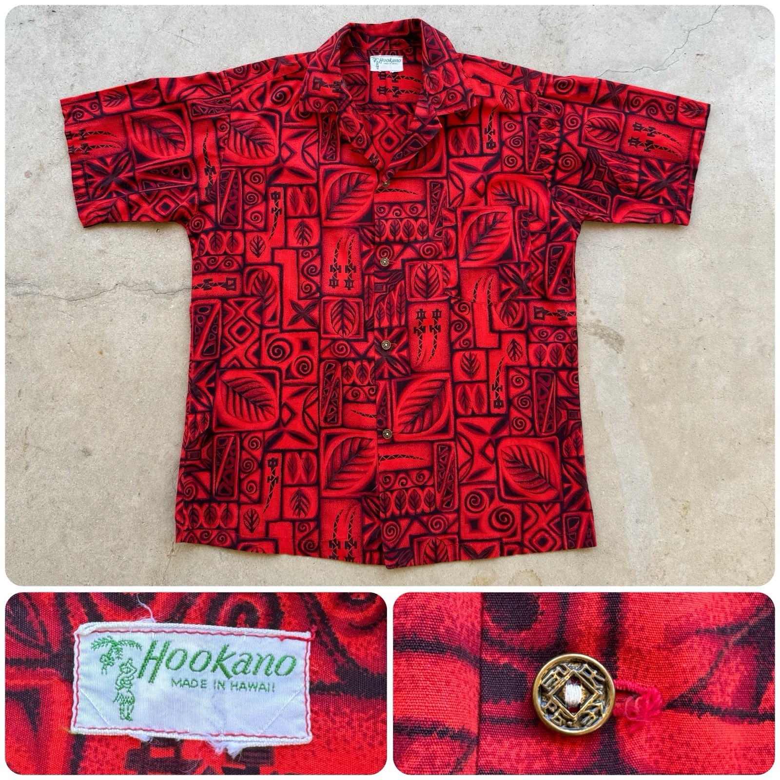 1960s 70s Vtg HOOKANA Novelty Print Hawaiian Shirt Medium Tiki Aloha Surf Red