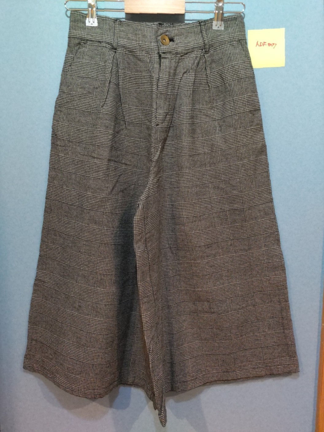 Glen Check Wide Leg Pants Culottes Gaucho Plaid Trousers Grey Pleated Vintage