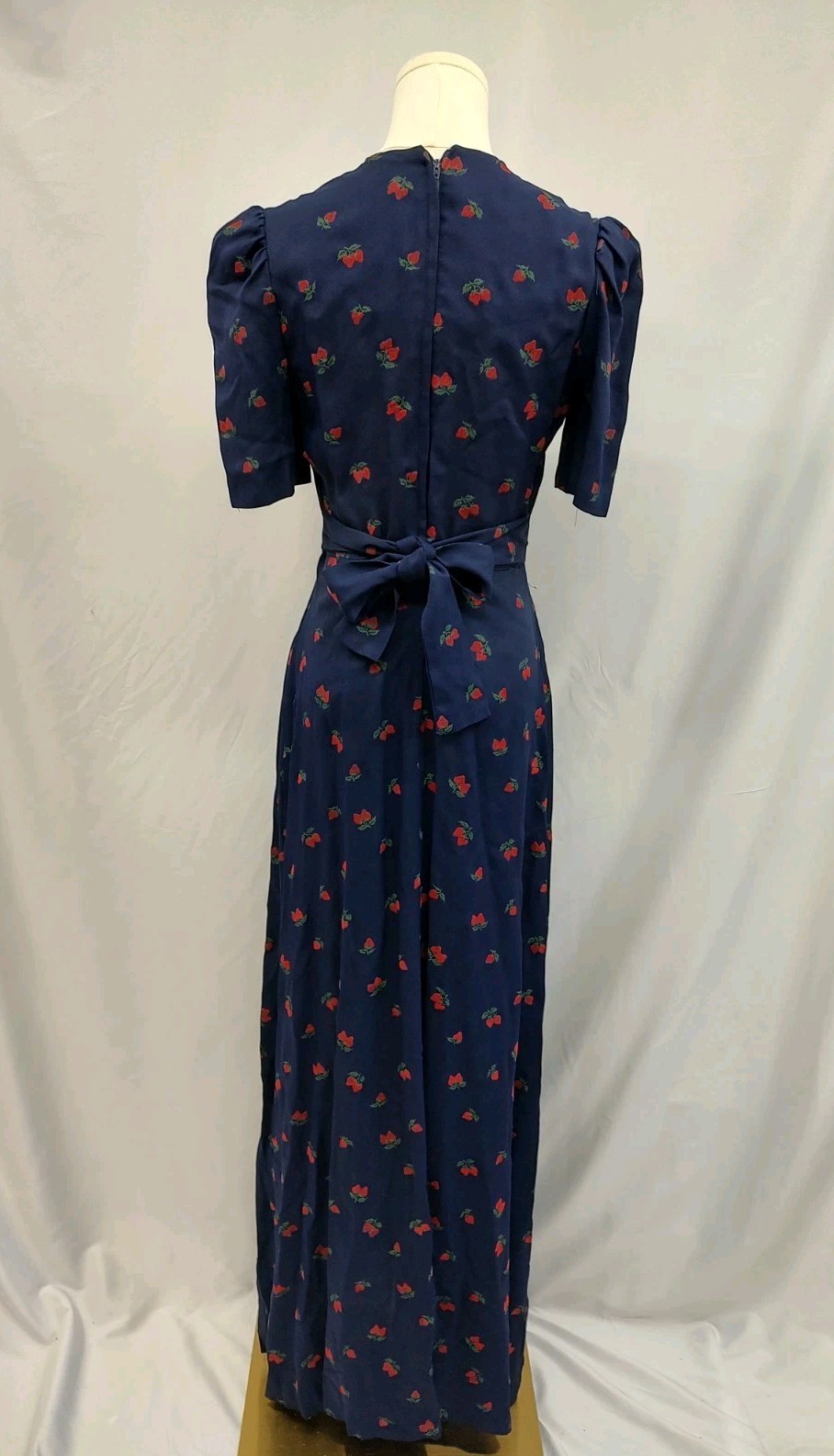 80’s Vintage Maxi Dress Strawberry Flocked Print Navy Sweetheart Neckline Long S