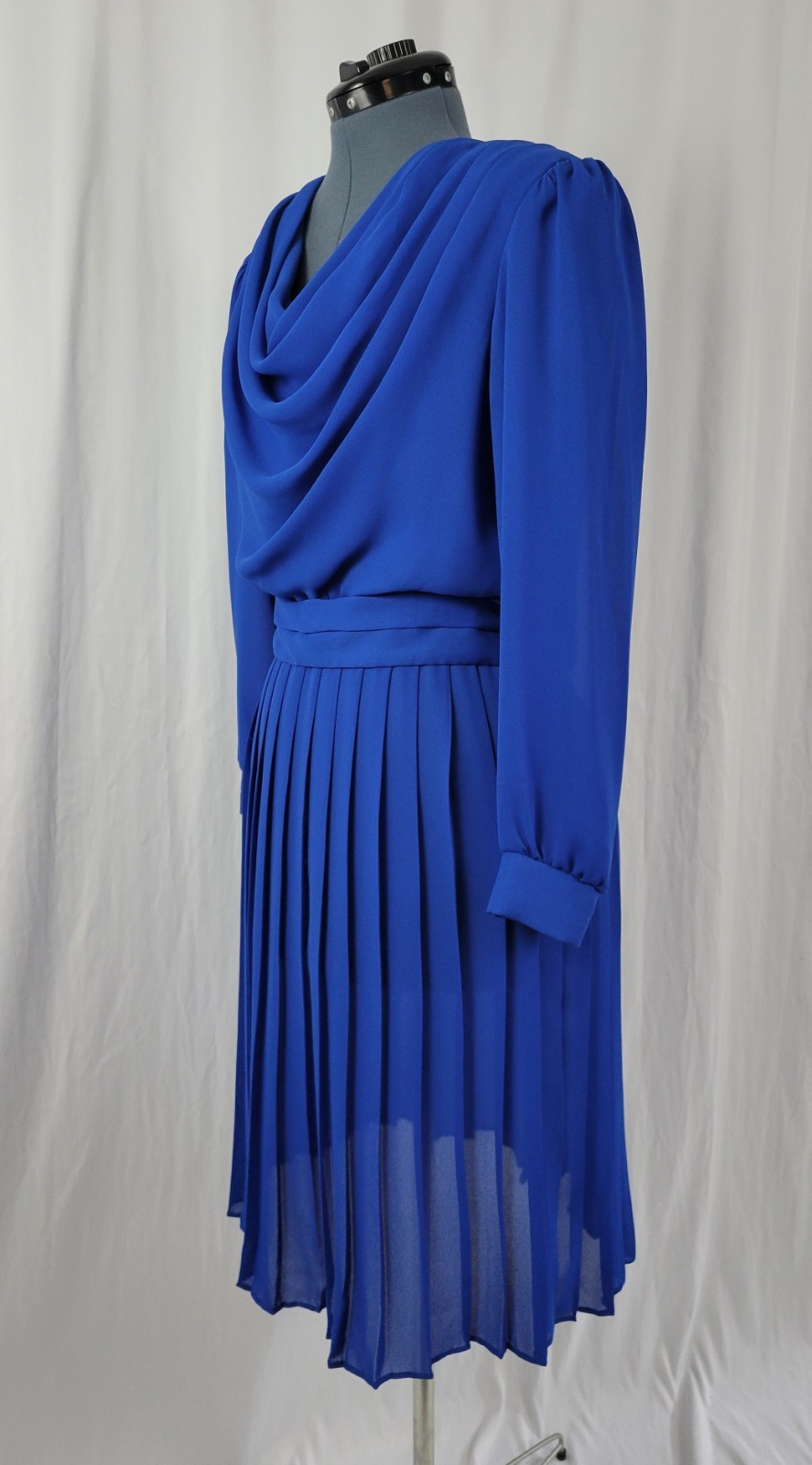 Vtg Lisa Michaels Blue Blouson Dress w Draped Neckline & Matching Belt Size 8