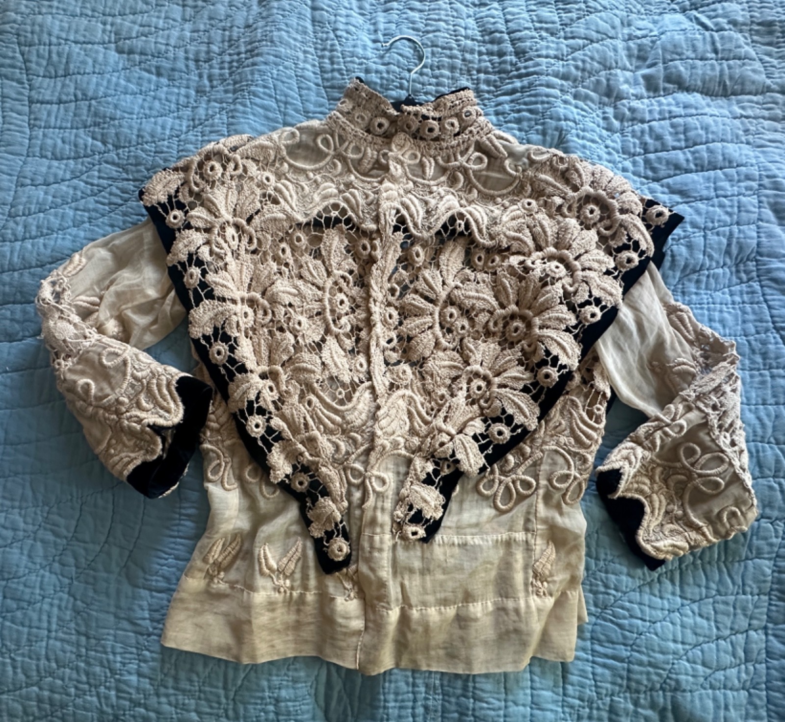 Edwardian Hand Made Irish Crochet Lace and Velvet Blouse Bodice Rare Antique
