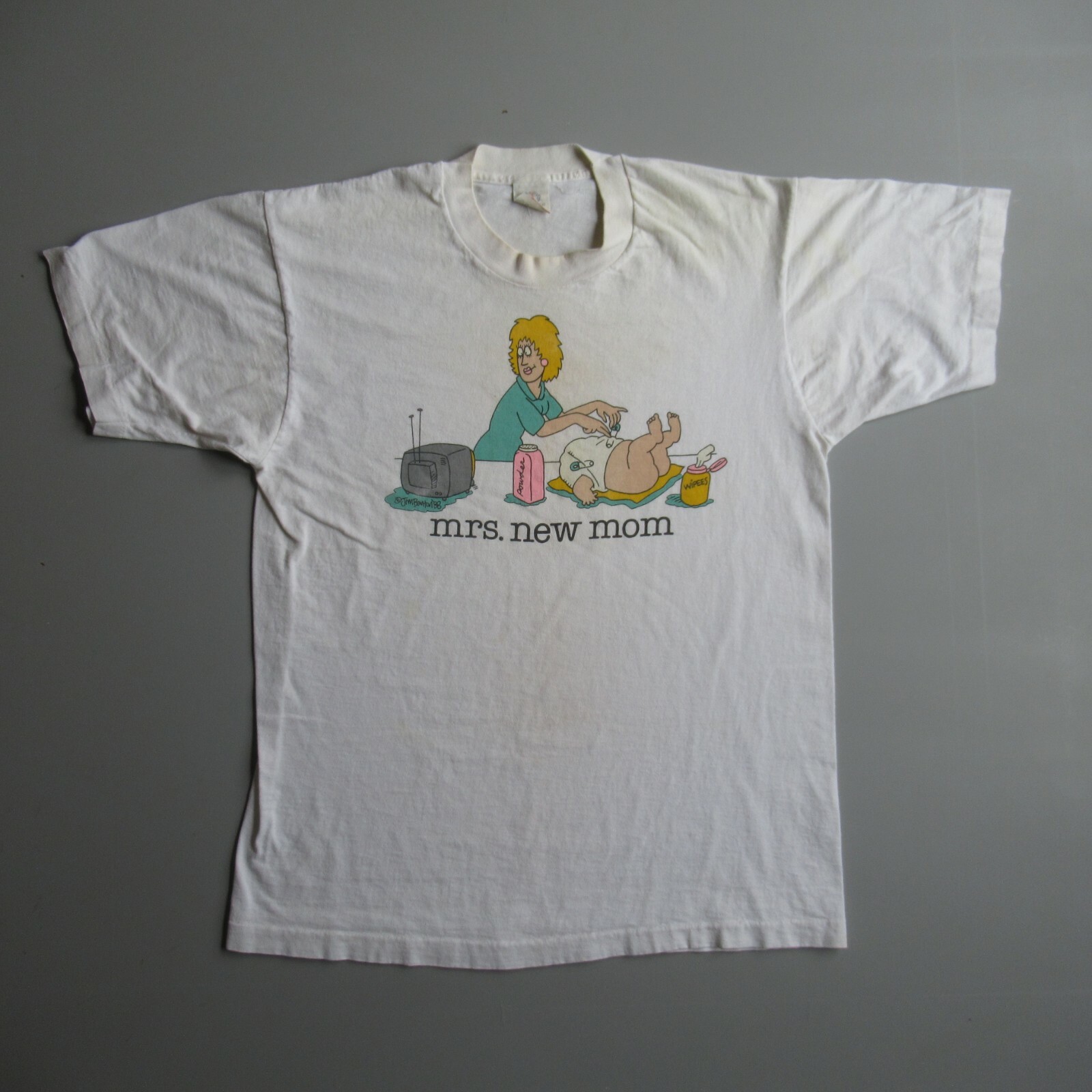 Vintage 80s Funny New Mom T Shirt Fruit of the Loom Single Stitch Cotton USA L
