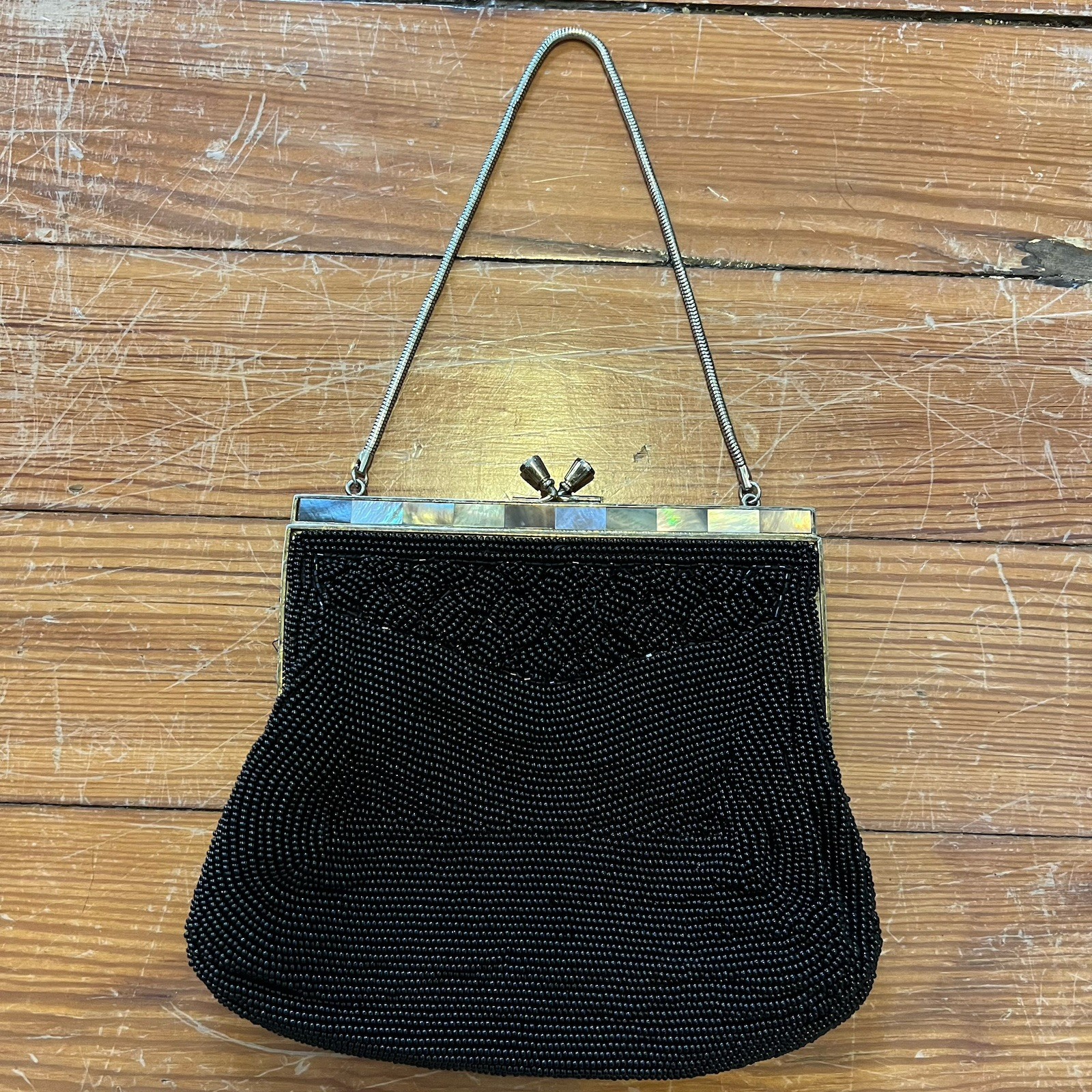 Vintage Art Deco Micro-Bead Handbag Metal Frame Mother Pearl Purse Clasp