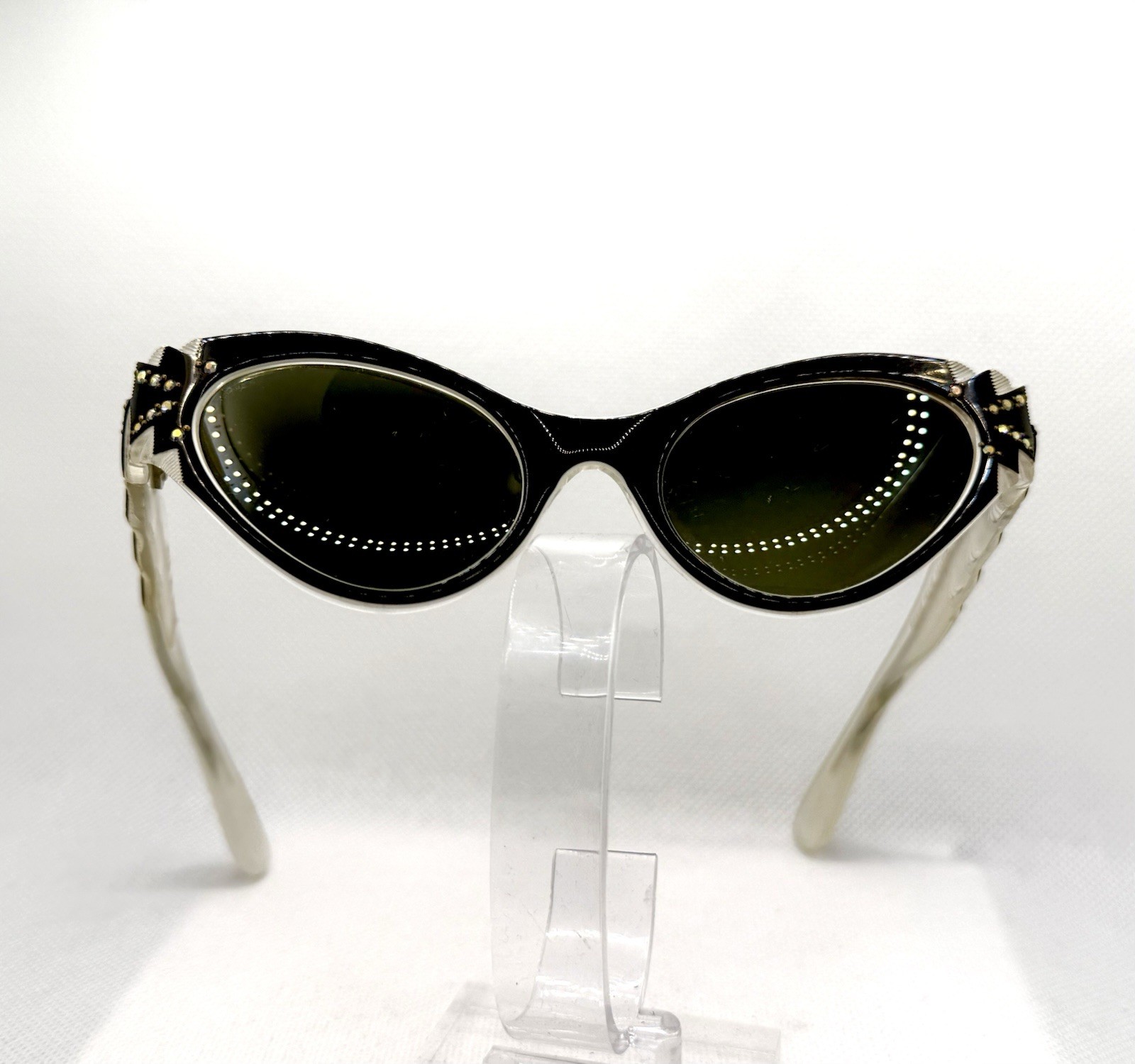 Vintage Swank France Pearl White Swank Frame Cat Eye Sunglasses With Rhinestones