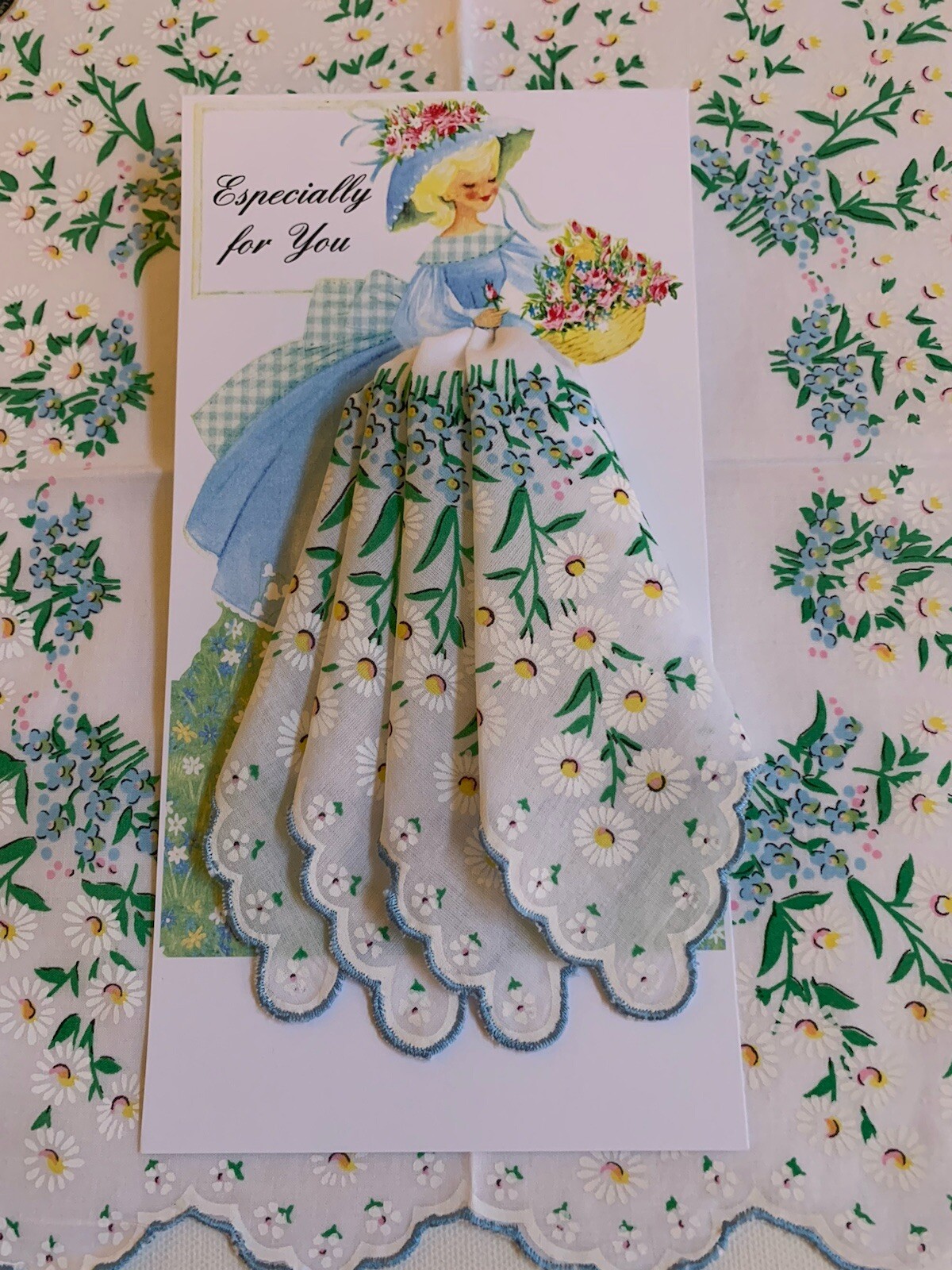 Beautiful New Delicate Blue Daisy Handkerchief Gift Card – All Occasion!