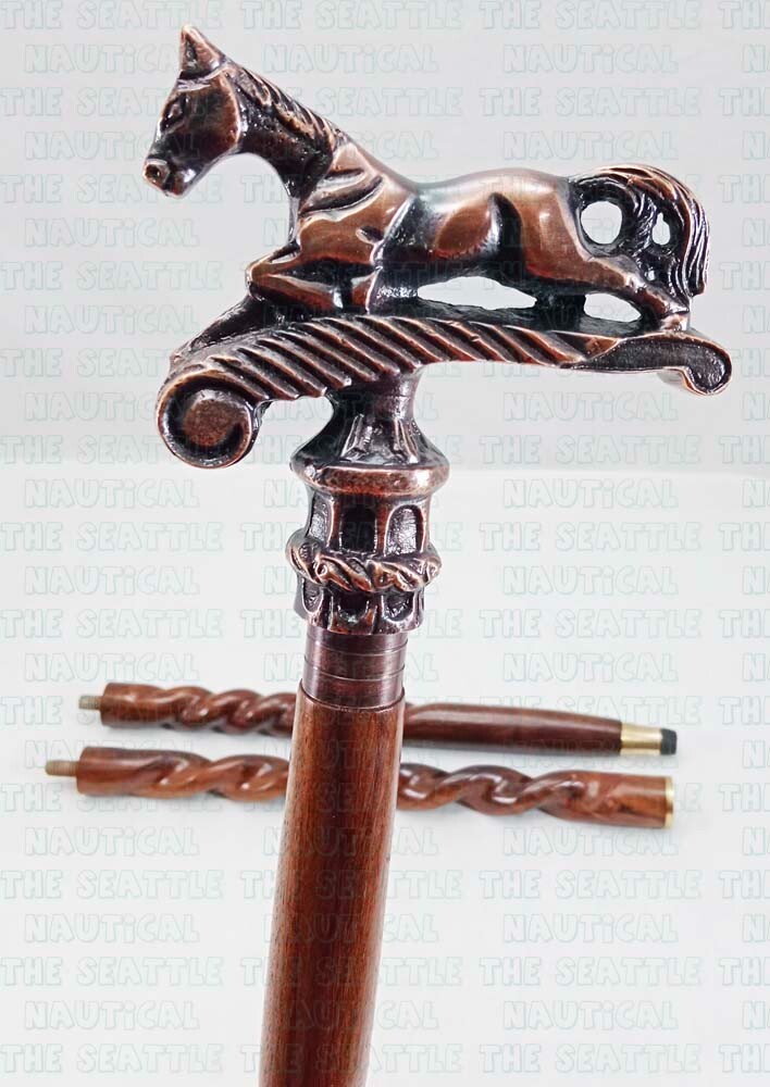 Copper Antique Finish Running Horse Head Handle Wooden Walking Stick Cane Gift