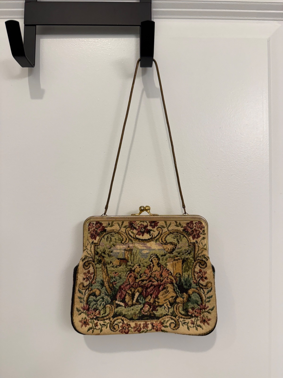 Vintage West Germany Petit Point Needlepoint Tapestry Purse Romantic Scene Bag