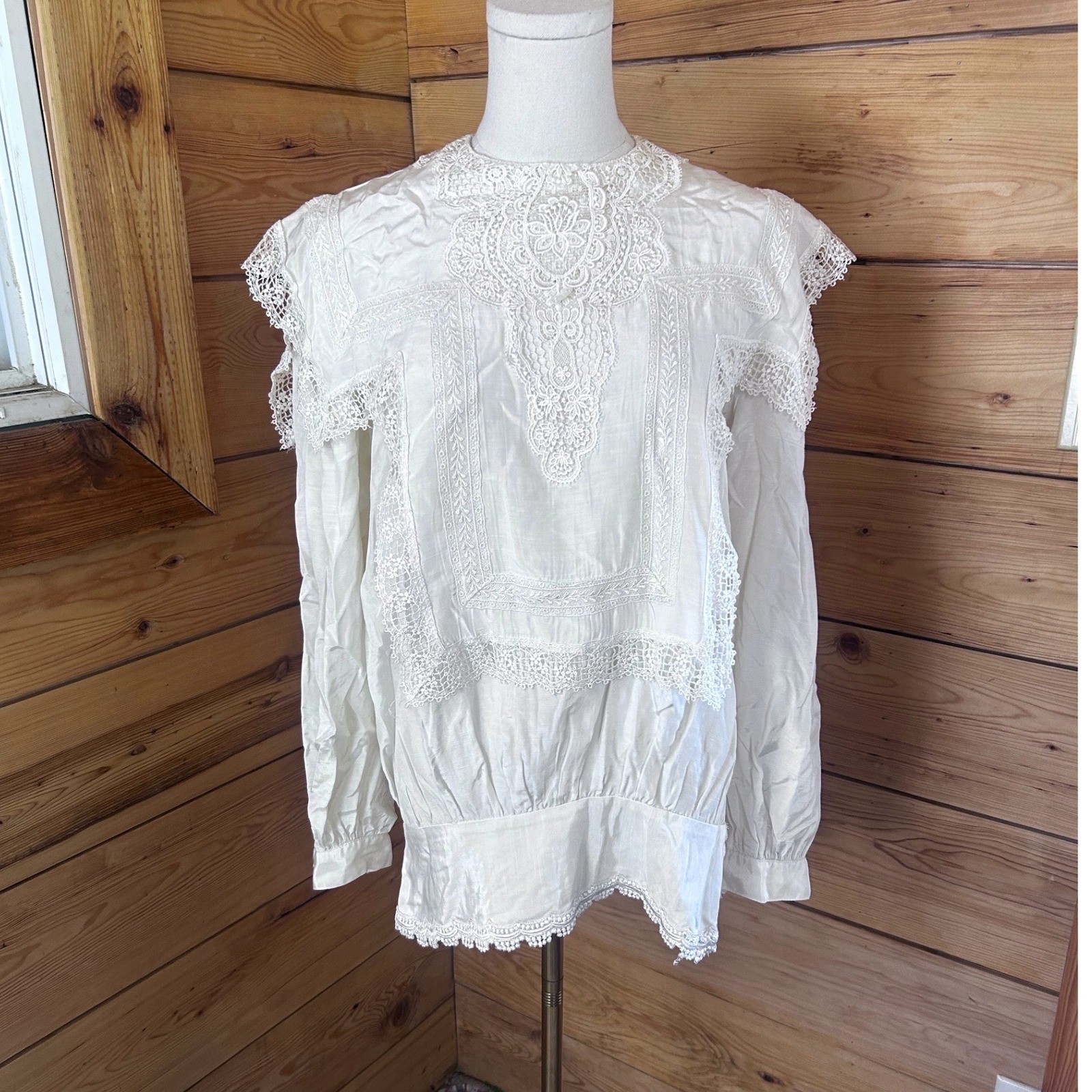 Vintage Blouse Large Cream Lace Bib Victorian Miss Ashlee Cottagecore Cotton Top