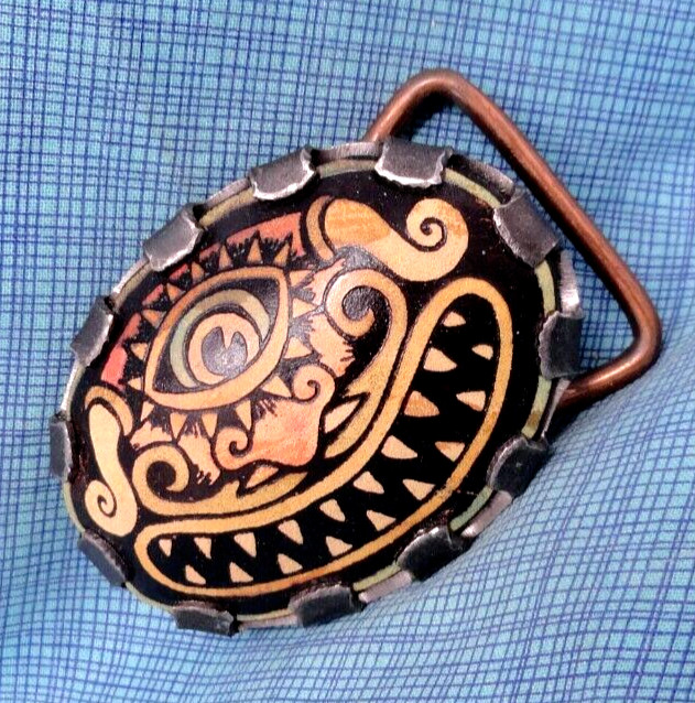 Tribal Totem Cyclops Leather Belt Buckle Eye Boho Art Tattoo Vtg Artisan .NOX883