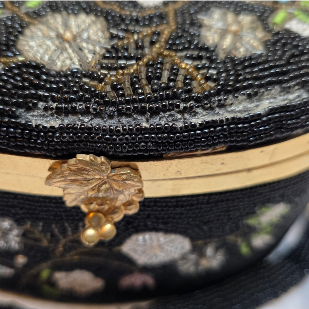 Vintage 1950s Oval Black Beaded Box Purse Floral Handmade Japan Mirror Beads