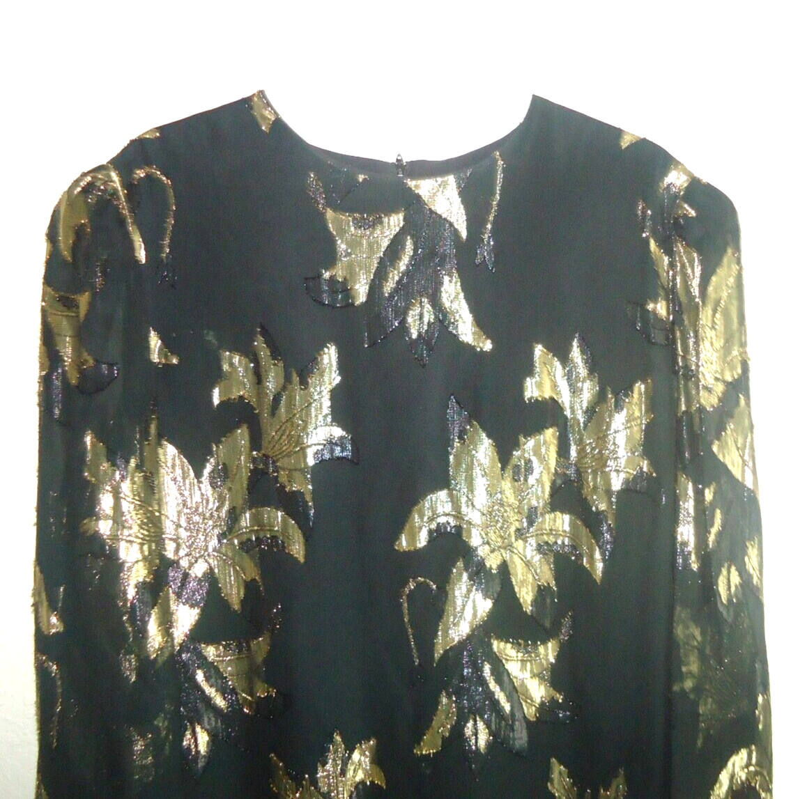 VINTAGE PATRA GOLD METALLIC FLORAL OVER BLACK DRESSY TUNIC & BLACK SATIN SKIRT