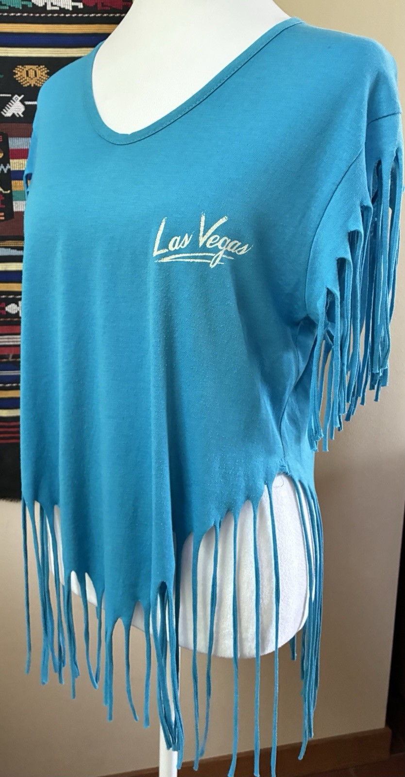 Vintage 80s 90s Las Vegas Teal Fringe Women’s T shirt Single Stitch size M